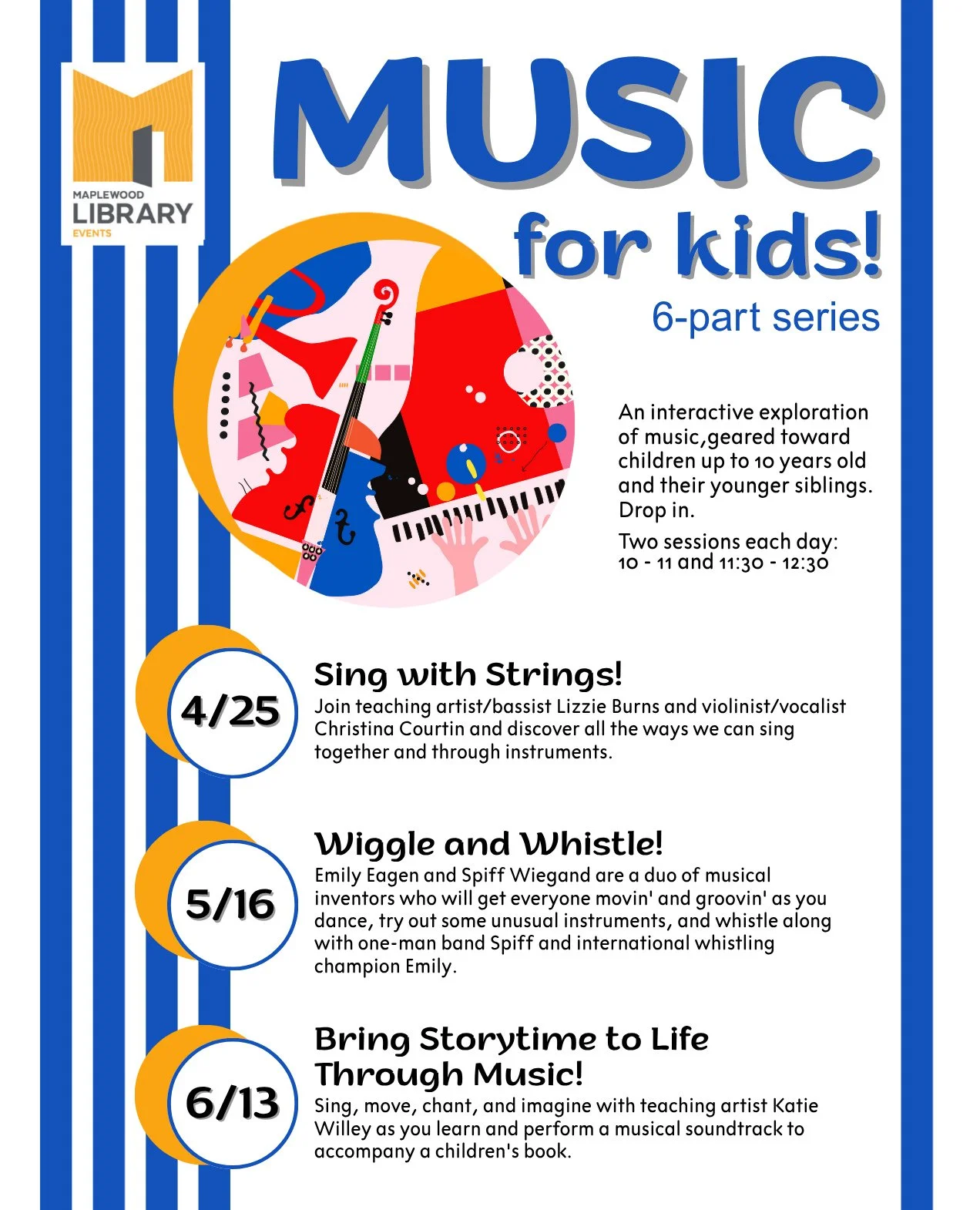 Music for Kids: Sing with Strings 🎻🎶⁠
📅 Saturday, April 25⁠
🕙️10:00AM - 11:00AM⁠
AND a repeat session at⁠
🕦️ 11:30AM - 12:30PM⁠
📍 Maplewood Memorial Library⁠
⁠
Join us for the first session in a new 6-part MUSIC FOR KIDS series this Saturday, A