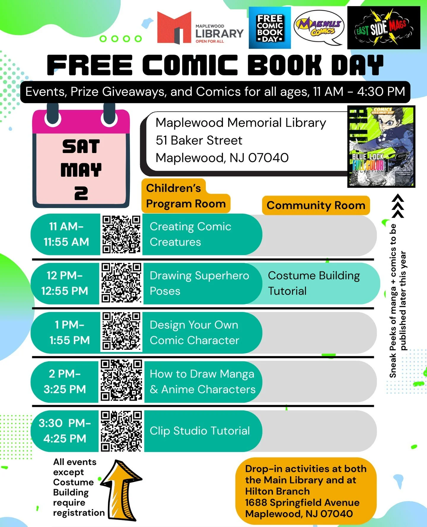 Next Saturday, May 2nd IS FREE COMIC BOOK DAY! At Maplewood Library we will be celebrating by giving away free comics at Main Library and Hilton Branch (courtesy of @magnus_comics_llc and @eastsidemags) as well as providing a full day of programming 