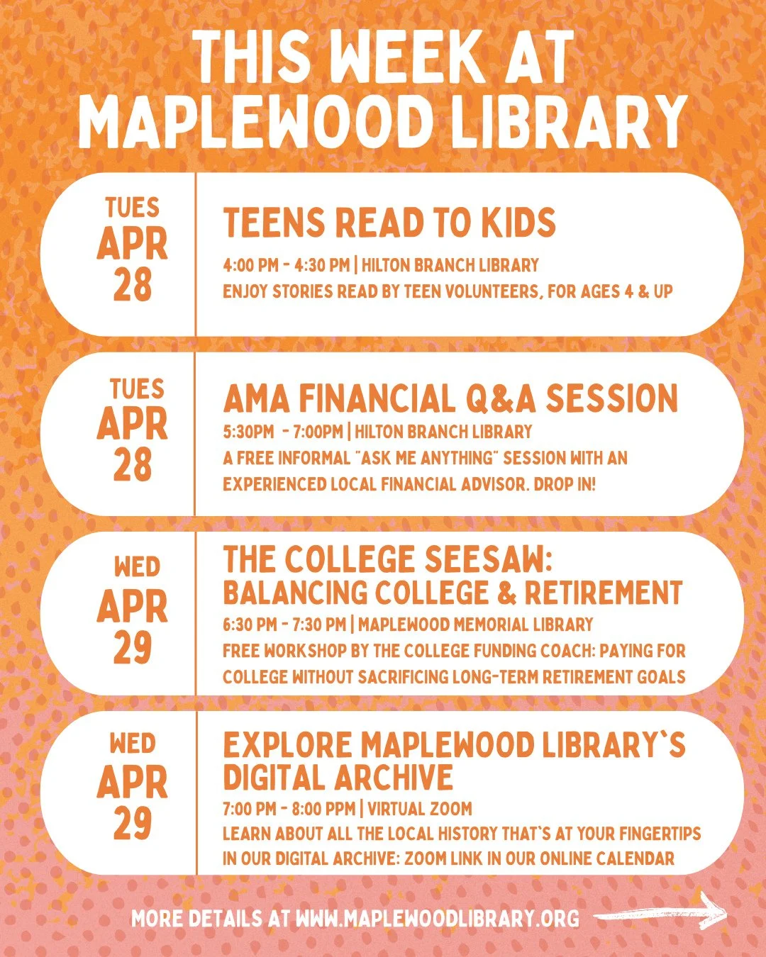 📢 The highlights reel: check out the new and exciting programs &amp; events happening at Maplewood Library this week! 📢 For a full listing of programs for the week, please visit our online Events Calendar on our website www.maplewoodlibrary.org (li