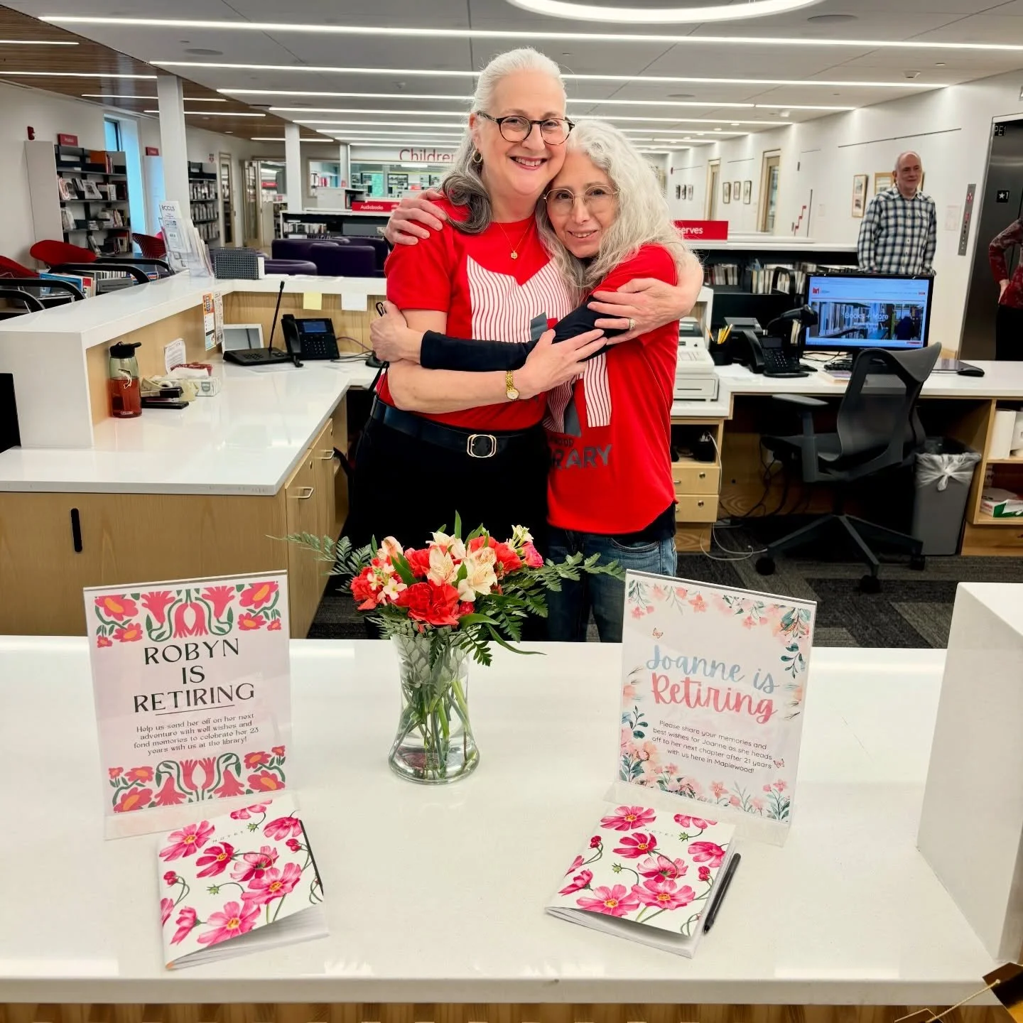 Happy retirement day to our beloved Information Desk colleagues Joanne and Robyn! 💐💐 Between the two of them, Joanne and Robyn have a combined 44 years of service to the Maplewood Library community! We will miss them very much, and we invite the co