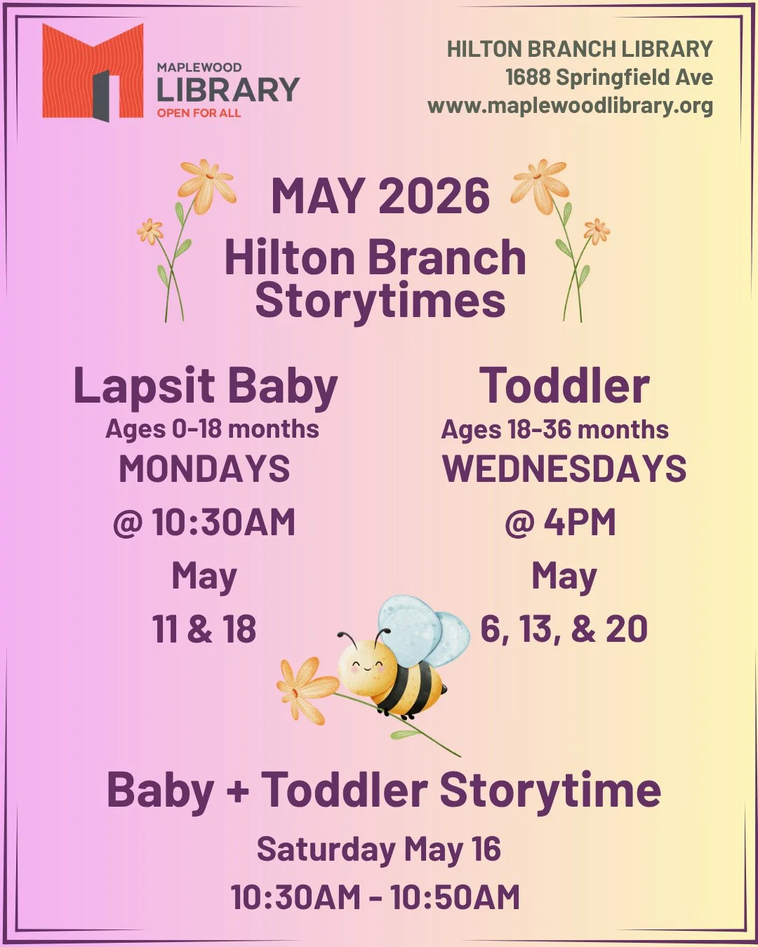 Check out Hilton Branch's Storytime schedule this month, and note the new SATURDAY storytime for babies &amp; toddlers on May 16th! ⁠
⁠
For storytimes at Main Library and other programs happening this month check out our online calendar at www.maplew