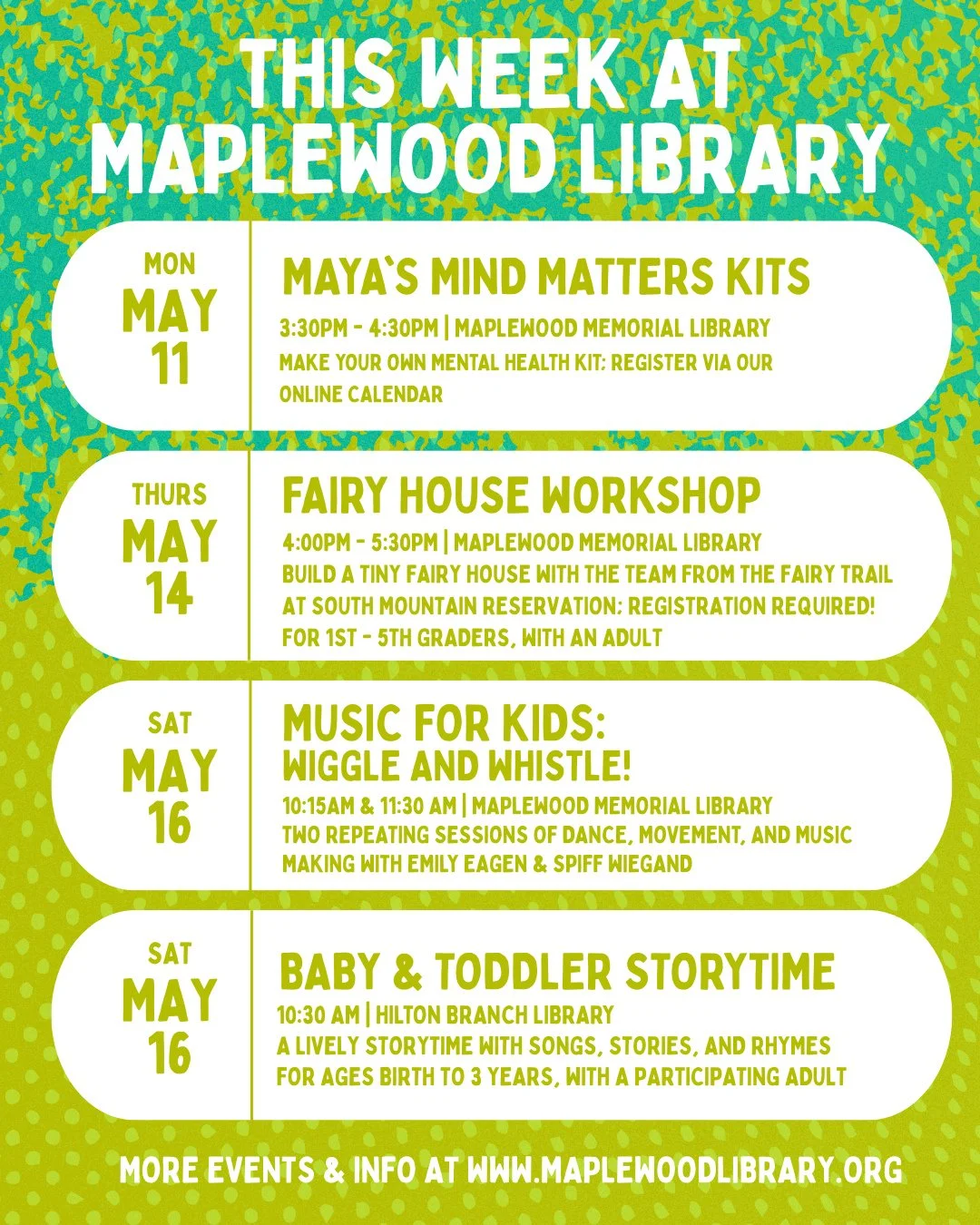 📢 The highlights reel: check out the new and exciting programs &amp; events happening at Maplewood Library this week! 📢 For a full listing of programs for the week, please visit our online Events Calendar on our website www.maplewoodlibrary.org (li