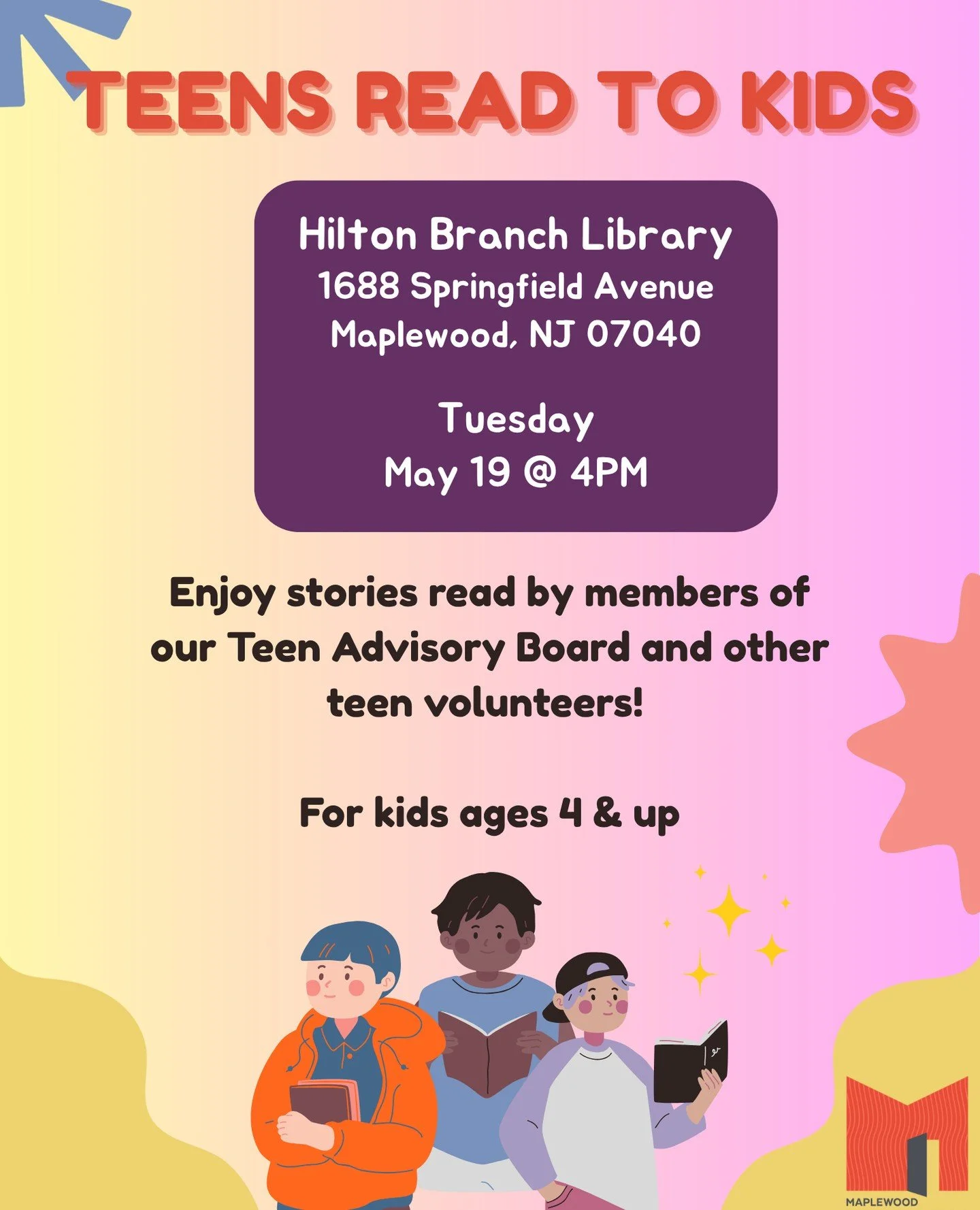 Teens Read to Kids⁠ 📚️⁠
📅 Tuesday, May 16,⁠
🕓️ 4:00PM⁠
📍 Hilton Branch Library⁠
⁠
For kids ages 4 and up: Enjoy stories read by members of the Maplewood Library Teen Advisory Board!⁠
