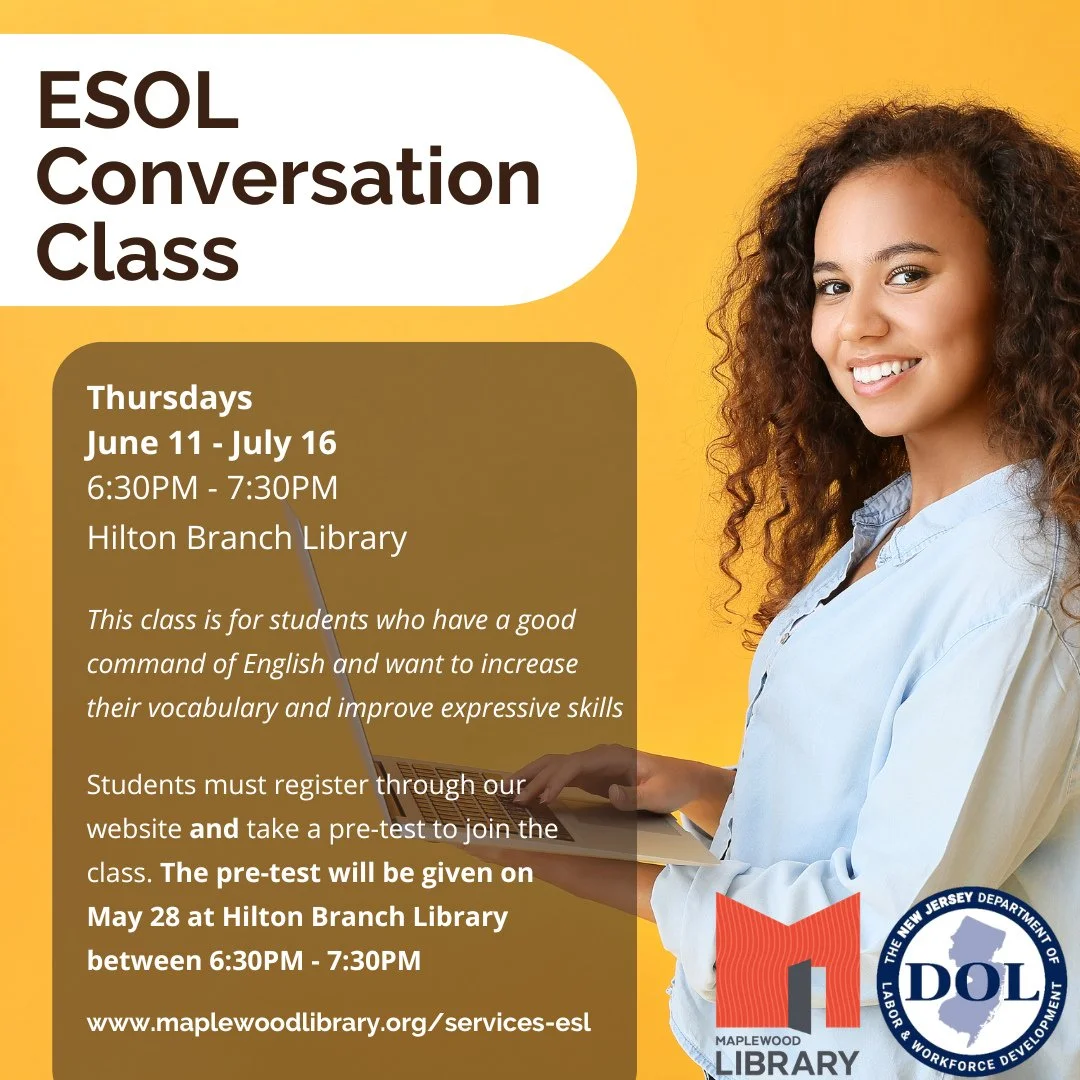 ESOL Conversation Class ⁠
📅Thursdays, June 11 - July 16, 2026⁠
🕡️ 6:30PM-7:30PM⁠
📍Hilton Branch Library⁠
⁠
This class is for students who have a good command of English and want to increase their English vocabulary and improve expressive skills.⁠
