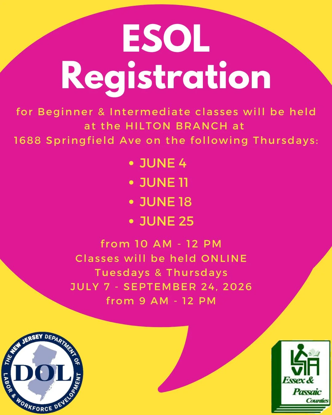 ESOL Class Registration for Beginner and Intermediate online classes will take place at the Hilton Branch, 1688 Springfield Ave. on Thursdays June 4, 11, 18, and 25 from 10AM - 12PM.⁠
⁠
The online class session will run from July 7 - September 24 on 