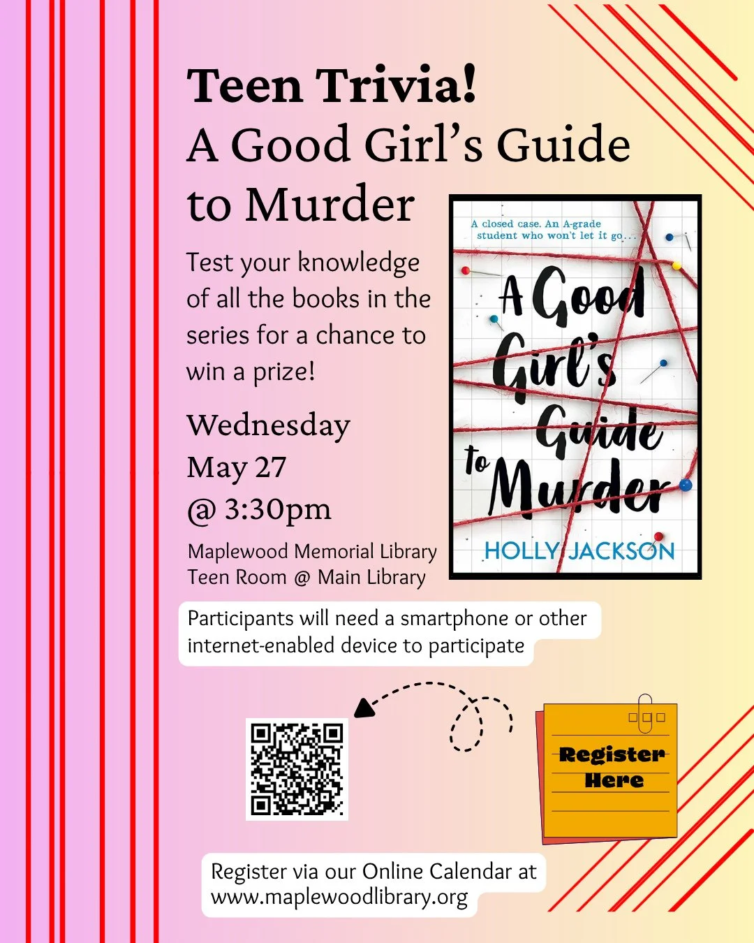 Teen Trivia: A Good Girl's Guide to Murder 📙⁠
📅 Wednesday, May 27⁠
🕞️ 3:30PM - 4:30PM⁠
📍Maplewood Memorial Library⁠
⁠
Think you know the most about the Fairview mysteries? This trivia event will feature questions from all the books in the series 