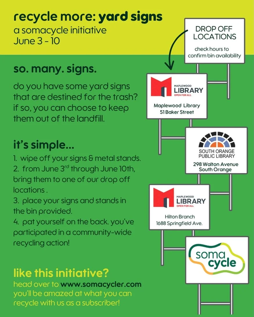 Today is Election Day! Starting tomorrow June 3rd through June 10th, you can drop off your lawn signs at both Maplewood Library locations and at South Orange&rsquo;s Walton Ave interim location for recycling ♻️♻️♻️

Thank you to @somacycler for your 