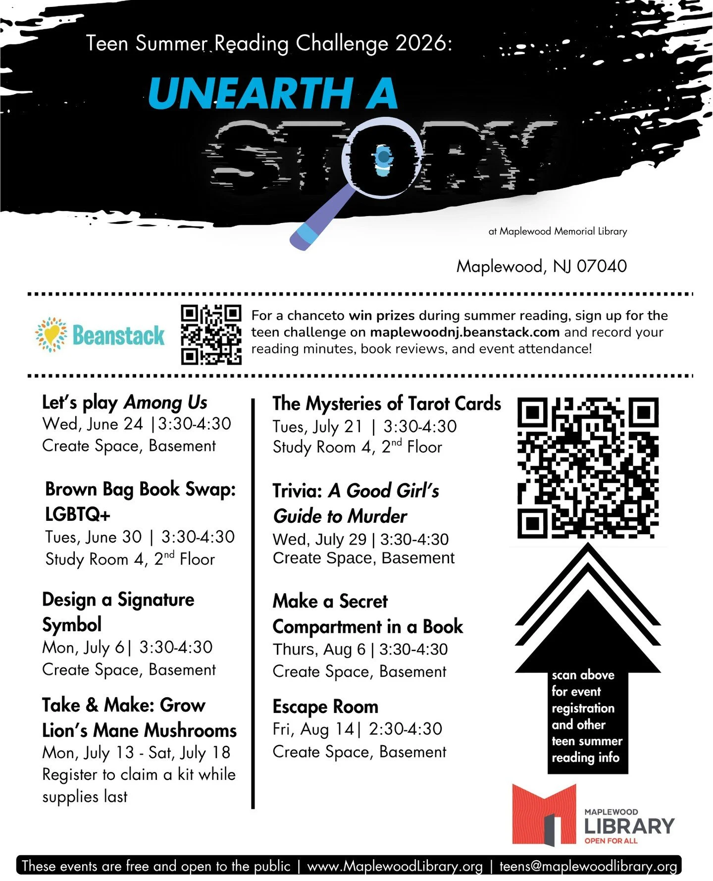 The full lineup of Teen Summer Reading events is here! For more information about each event and registration details, visit www.maplewoodlibrary.org/summer-reading/#teen-src (link in bio) 😎📚️⁠
⁠
🏷️ #SummerReadingChallenge #UnearthaStory #librarye