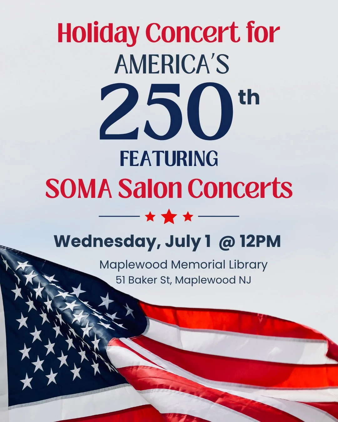 Holiday Concert for America's 250th⁠
featuring SOMA Salon Concerts 🎼⁠
🗓️Wednesday, July 01⁠
🕛️ 12:00PM - 1:00PM⁠
📍Maplewood Memorial Library⁠
⁠
Celebrate with us at a lunchtime concert on our back patio!⁠
⁠
Join us at the library to enjoy live mu