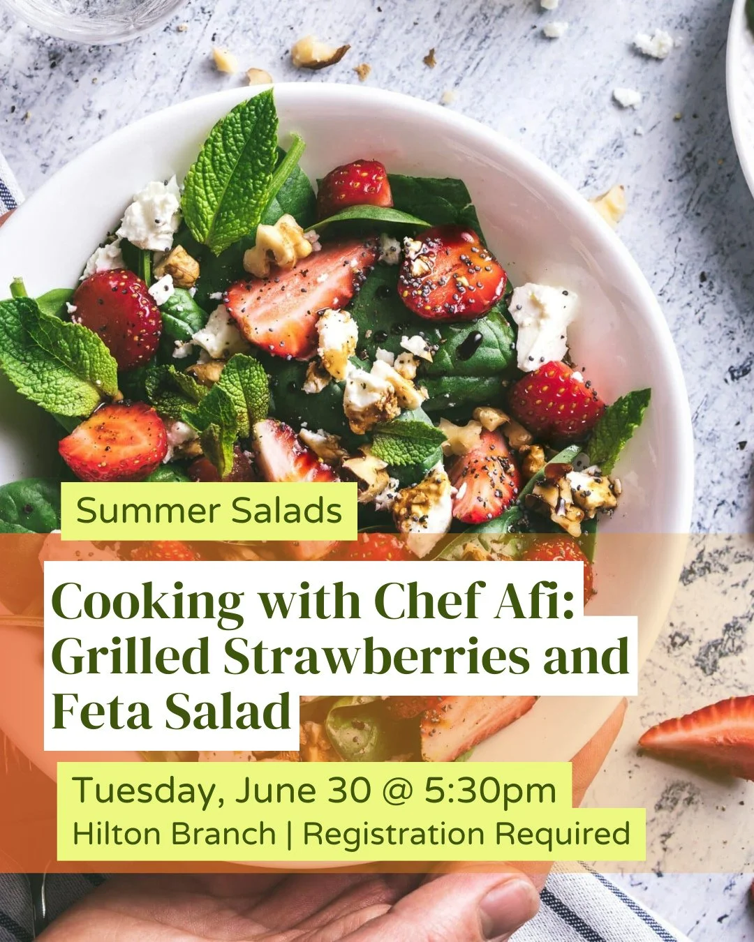 Cooking with Chef Afi: Learn to Make a Grilled Strawberries and Feta Salad 🍓⁠
🗓️ Tuesday, June 30⁠
🕠️ 5:30PM - 6:30PM⁠
📍 Hilton Branch Library⁠
⁠
It's strawberry season, and there are so many ways you can eat these mouth-watering fruits. Chef Afi