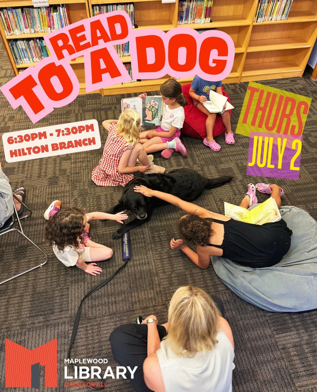 Read to a Dog @ Hilton Branch 🐶📚️⁠
🗓️ Thursday, July 2⁠
🕡️ 6:30PM - 7:30PM⁠
📍 Hilton Branch Library⁠
⁠
Drop in to read aloud to our therapy dogs! Attendees will take turns reading aloud in a friendly &amp; relaxed group environment. Bring someth