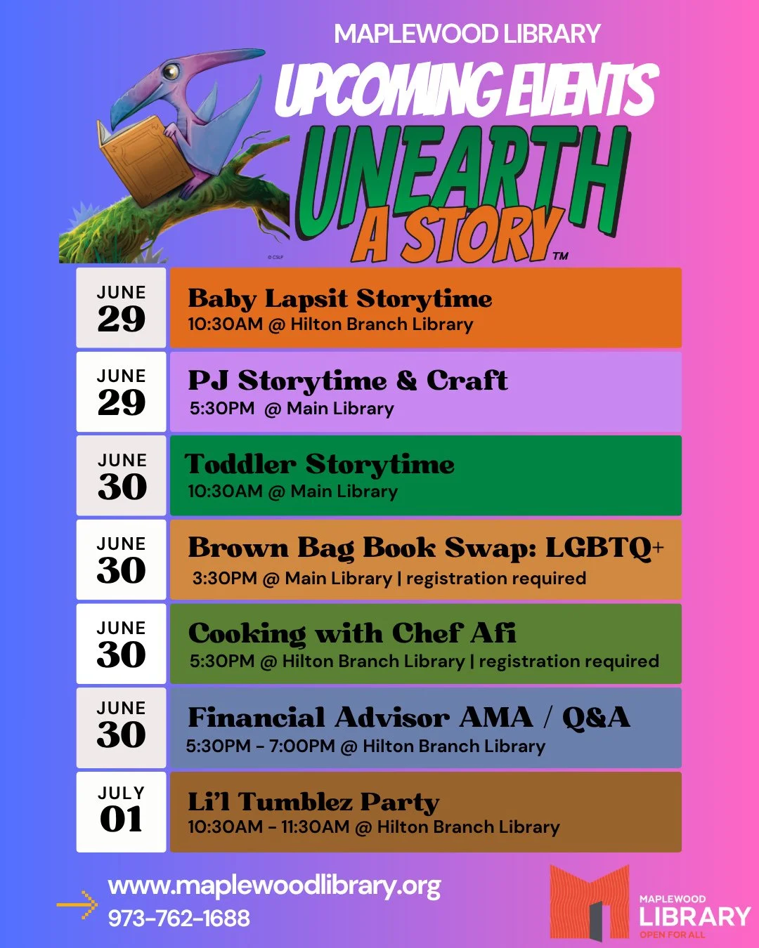 📢 Check out the programs &amp; events happening at Maplewood Library this week! For a full listing of program descriptions for the week, please visit our online Events Calendar on our website www.maplewoodlibrary.org (link in bio)⁠
⁠
Please note the