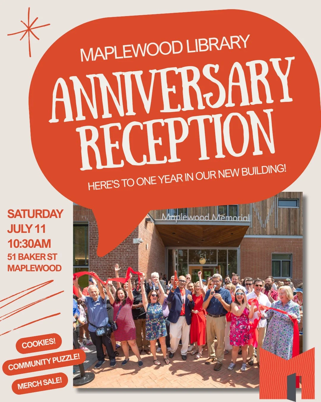 We invite our library community to join us in commemorating our ONE YEAR ANNIVERSARY in our new building on Saturday, July 11th! 🎉🎉🎉⁠
⁠
Join us in the Community Room at 51 Baker St from 10:30AM-11:30AM for a reception marking the first anniversary