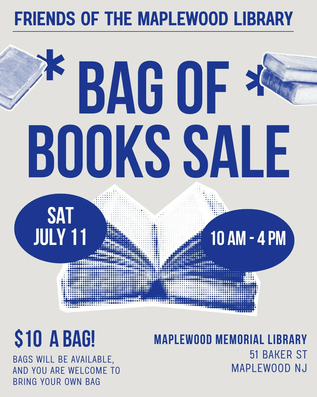 The Friends of the Maplewood Library will be holding a one day BAG OF BOOKS sale on Saturday, July 11th from 10AM - 4PM on the lower level of Main Library! 📚️⁠
⁠
You are welcome to bring your own bag; bags will also be available at the sale.⁠
⁠
No b