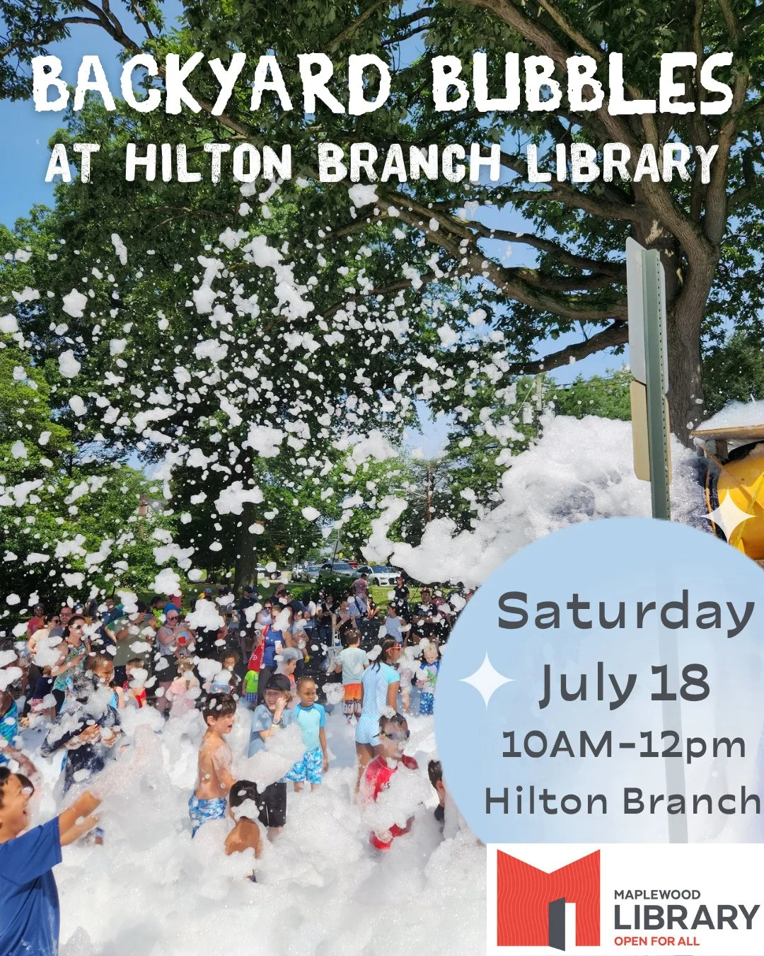 Backyard Bubbles @ Hilton Branch! 🫧⁠
📅 Saturday, July 18⁠
🕙️ 10:00AM - 12:00PM⁠
📍 Hilton Branch Library⁠
⁠
Billions of Bubbles will fill the Hilton Branch parking lot on the morning of Saturday 18th -- jump on in! We suggest kids wear their bathi