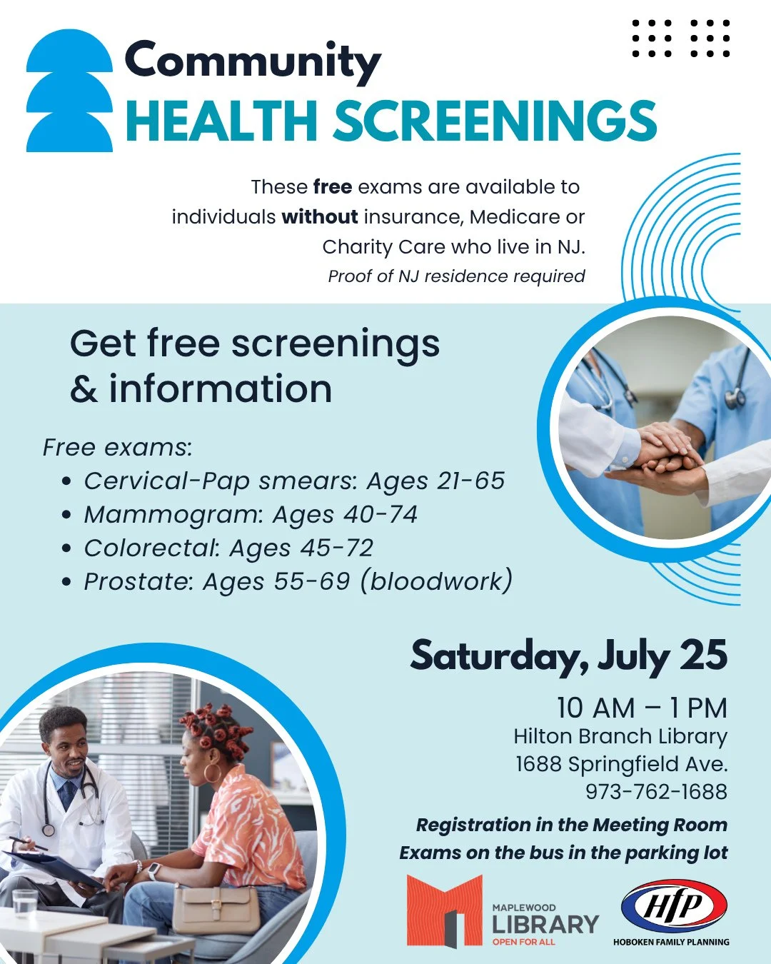Community Health Screenings @ Hilton Branch Library⁠
📅 Saturday, July 25⁠
🕙️ 10:00AM - 1:00PM⁠
📍 Hilton Branch Library⁠
⁠
Free Health Screenings for individuals in NJ who are not covered by Medicaid or Charity Care.⁠
⁠
Hoboken Family Planning will