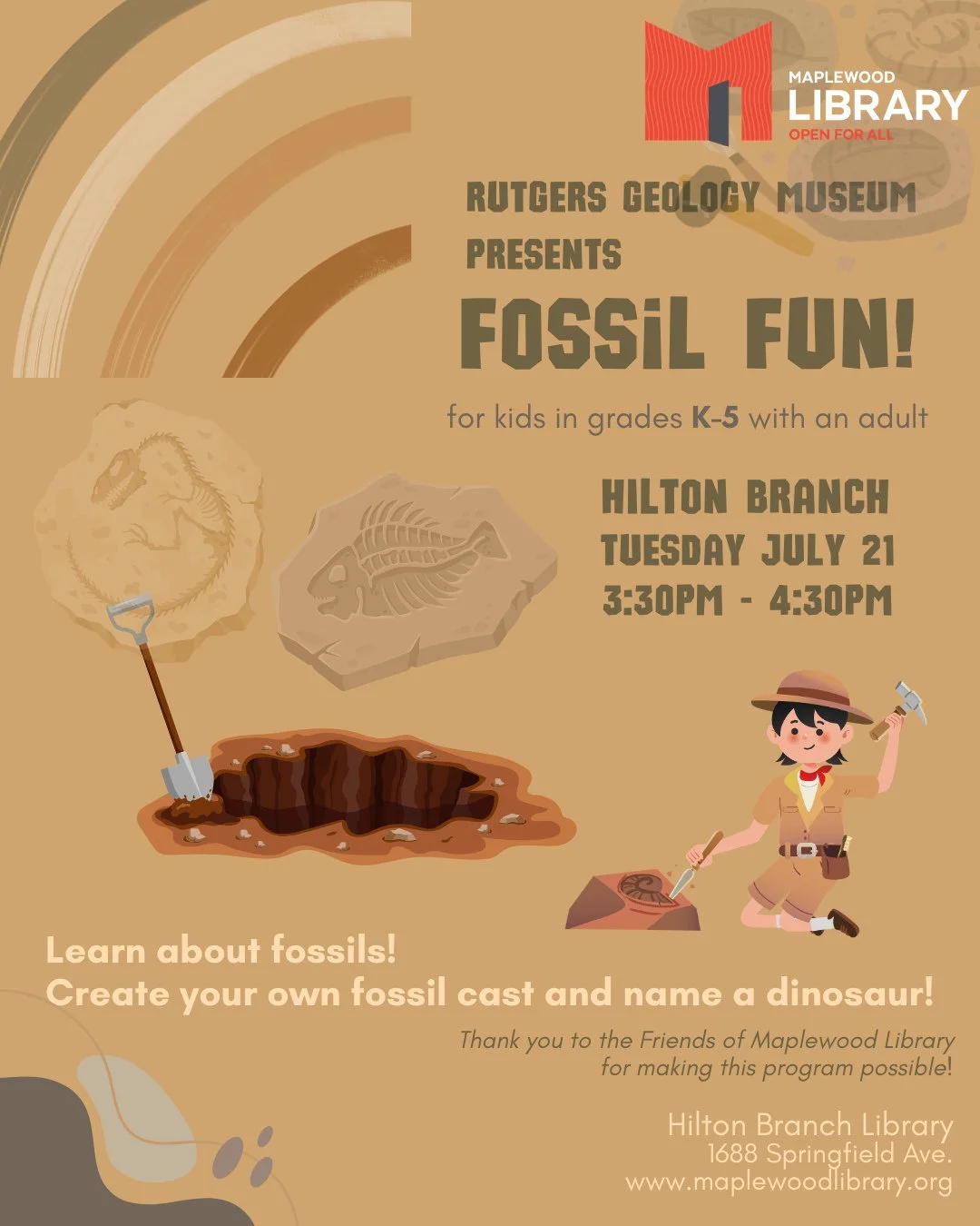 Fossil Fun @ Hilton Branch Library⁠
📅 Tuesday, July 21⁠
🕞️ 3:30PM - 4:30PM⁠
📍 Hilton Branch Library⁠
⁠
Rutgers Geology Museum presents: a Fossil Fun traveling exhibit! Learn about fossils and participate in hands-on interactive arts &amp; crafts a