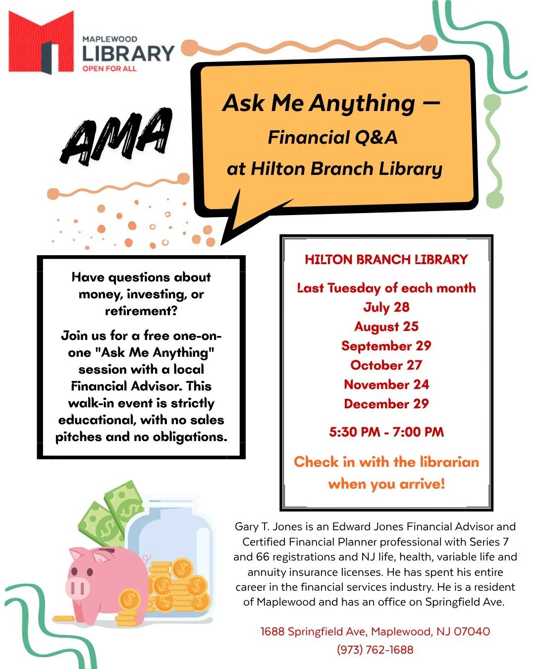 ⁠
AMA: Ask Me Anything Financial Q&amp;A @ Hilton Branch Library⁠
⁠
Back by popular demand!⁠
⁠
Have questions about money, investing, or retirement? Join us for a free, one-on-one "Ask Me Anything" session with a local Financial Advisor, he