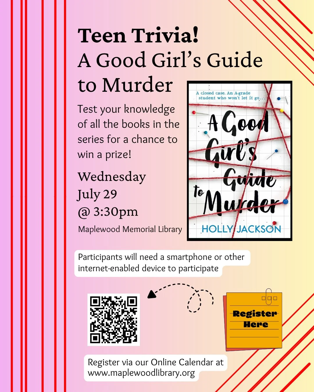 Teen Trivia: A Good Girl's Guide to Murder 📙⁠
📅 Wednesday, July 29⁠
🕞️ 3:30PM - 4:30PM⁠
📍Maplewood Memorial Library⁠
⁠
Think you know the most about the Fairview mysteries? This trivia event will feature questions from all the books in the series