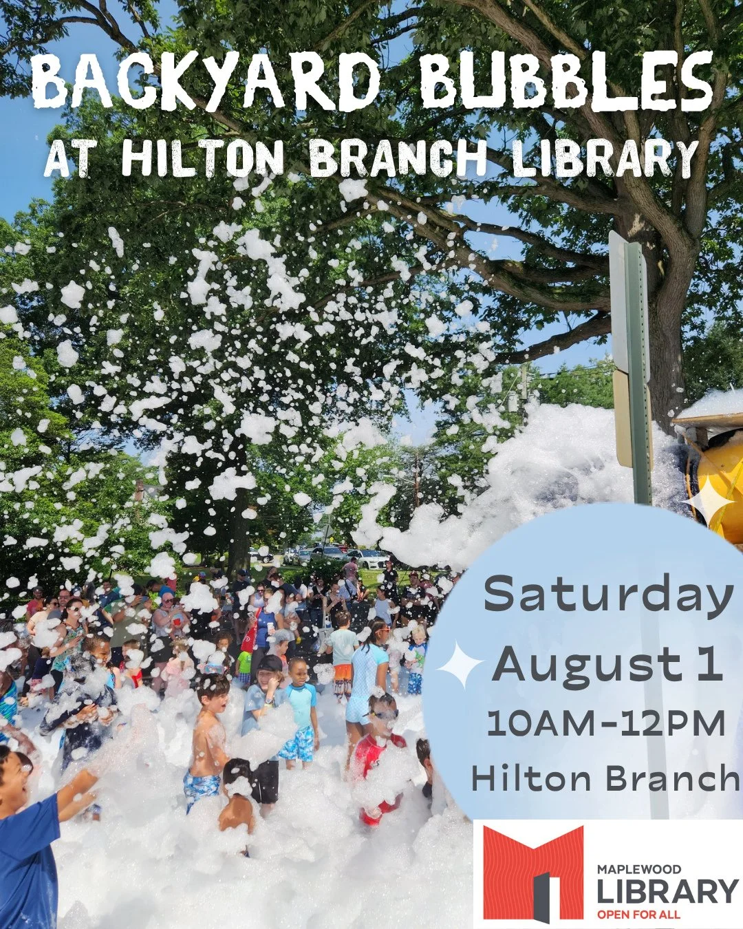 Backyard Bubbles @ Hilton Branch! 🫧⁠
📅 Saturday, August 1⁠
🕙️ 10:00AM - 12:00PM⁠
📍 Hilton Branch Library⁠
⁠
Billions of Bubbles will fill the Hilton Branch parking lot on the morning of Saturday 18th -- jump on in! We suggest kids wear their bath