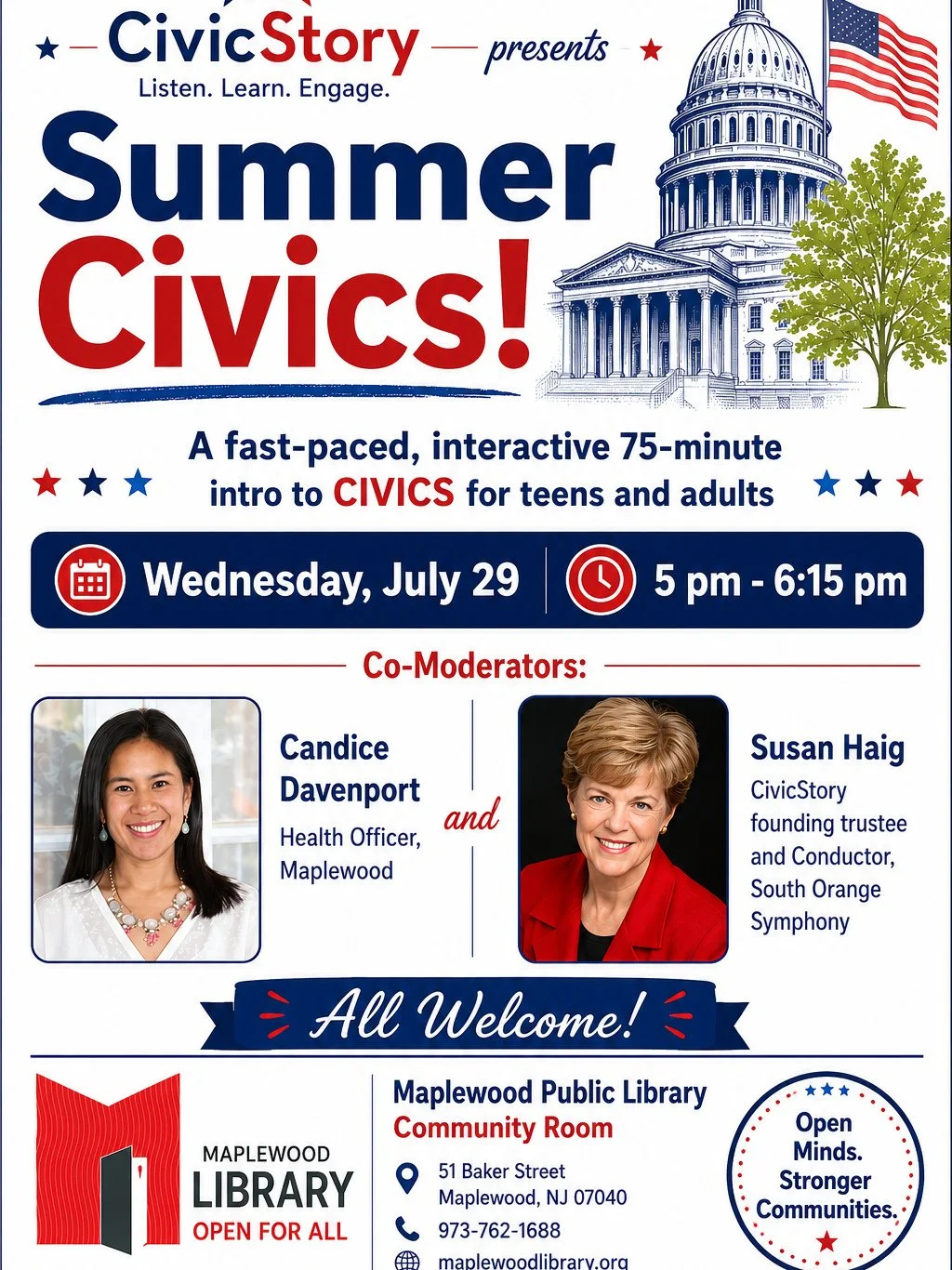 ⁠
Summer Civics with CivicStory: Know Our 4 Federal-level Representatives⁠
📅 Wednesday, July 29⁠
🕔️ 5:00PM - 6:15PM⁠
📍 Maplewood Memorial Library Community Room⁠
⁠
Join us for the first of four Summer Civics sessions! Teens and adults are invited 