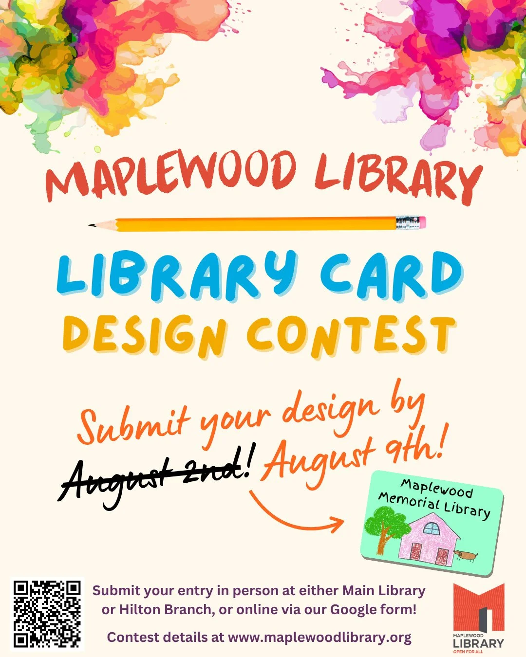 🗣️ The deadline for the Library Card Design Contest has been EXTENDED to August 9th! 🗣️⁠
⁠
For submission guidelines please visit: https://www.maplewoodlibrary.org/about-library-cards-landing⁠
⁠
We are celebrating the one year anniversary of our ne