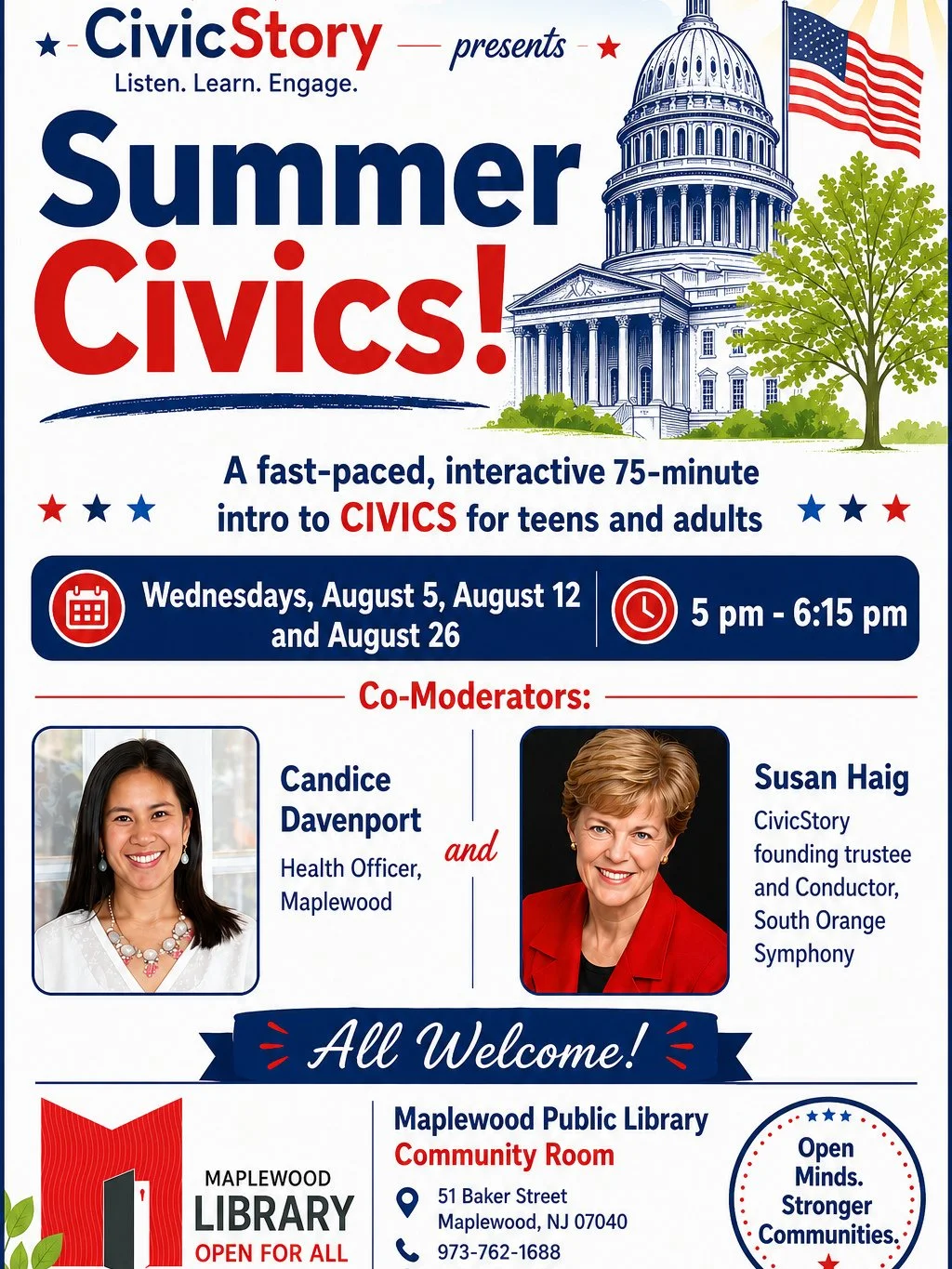 ⁠
Summer Civics with CivicStory: Know Our 4 Federal-level Representatives⁠
📅 Wednesday, August 5, 12 &amp; 26⁠
🕔️ 5:00PM - 6:15PM⁠
📍 Maplewood Memorial Library Community Room⁠
⁠
Join us for three more Summer Civics sessions in August! Teens and ad