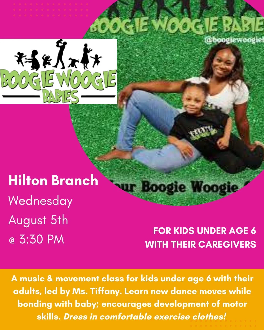 BOOGIE WOOGIE BABIES with Ms. Tiffany 💃🏽⁠
📅 Wednesday, August 5⁠
🕒️3:30PM - 4:00PM⁠
📍 Hilton Branch Library⁠
⁠
A fun, funky, and joyful music &amp; movement class for babies, toddlers, preschool kids and their adults, led by Ms. Tiffany. Dress i
