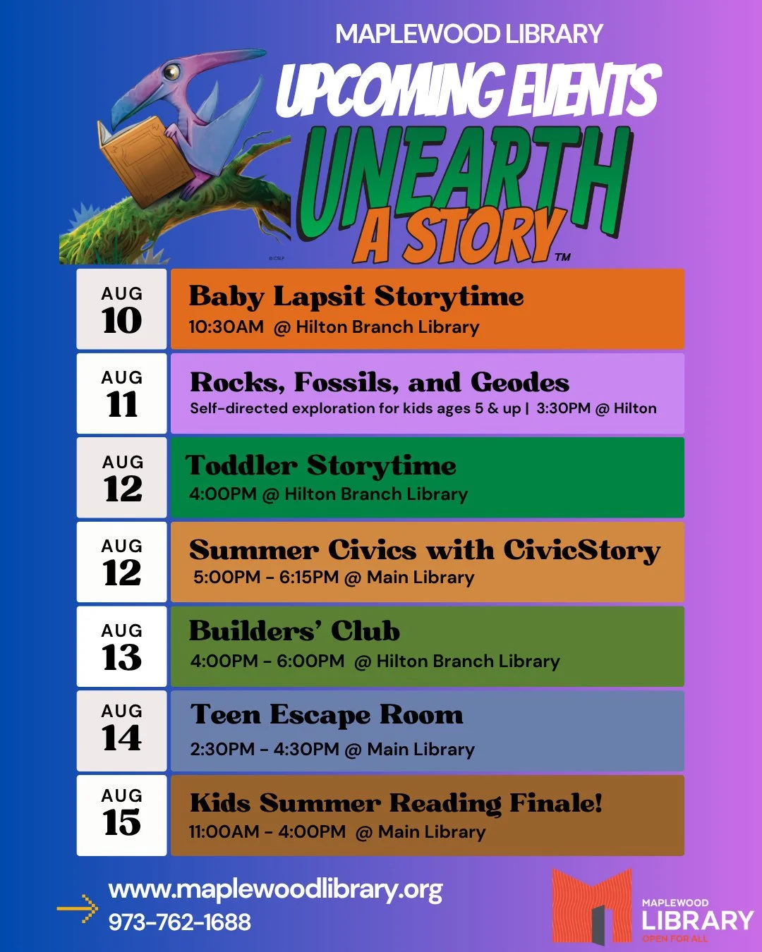 📢 Check out the programs &amp; events happening at Maplewood Library this week! For a full listing of program descriptions for the week, please visit our online Events Calendar on our website www.maplewoodlibrary.org (link in bio)⁠
⁠
Please note the