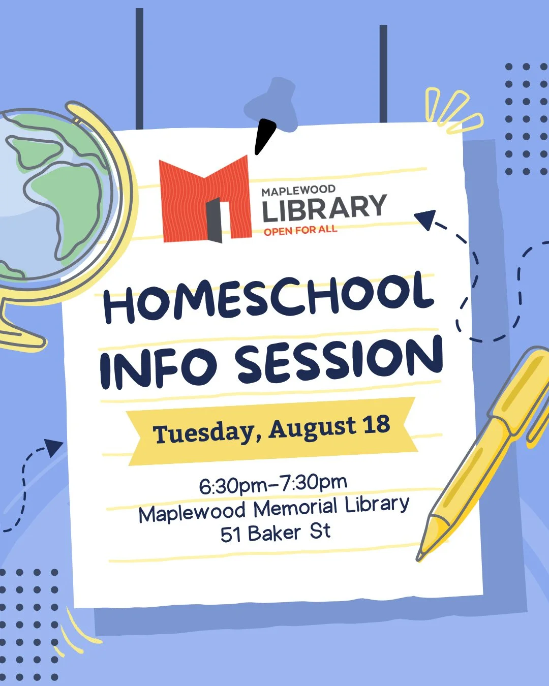 Homeschool Informational Session: for parents &amp; caregivers⁠
📅 Tuesday, August 18⁠
🕡️ 6:30PM - 7:30PM⁠
📍Maplewood Memorial Library Children's Program Room⁠
⁠
Get an overview of homeschooling from two local experts: join Annelisa Blake-Wasden an