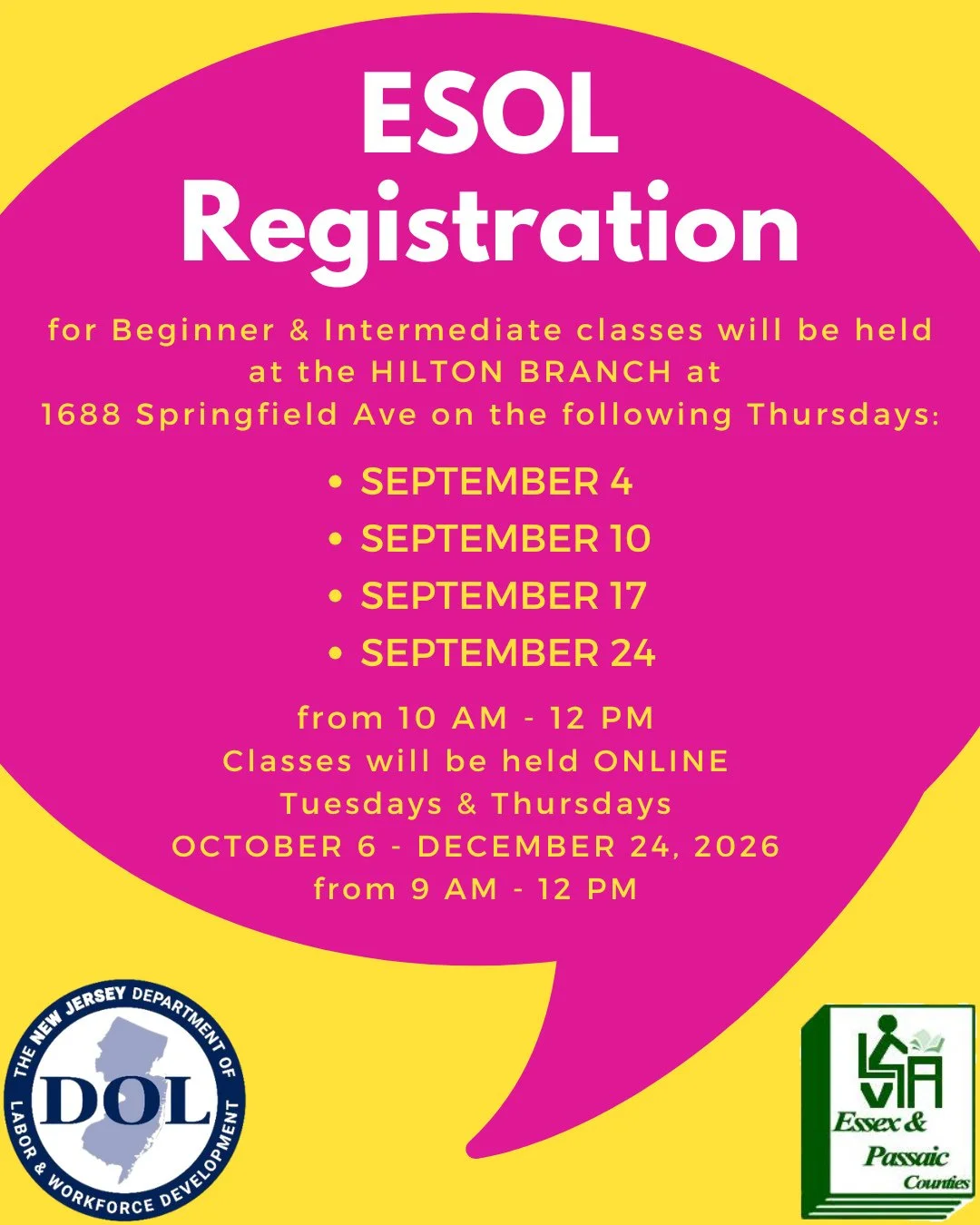 ESOL Class Registration starts next week and runs through September 24th! Registration for Beginner and Intermediate online classes will take place at the Hilton Branch, 1688 Springfield Ave., from 10AM - 12PM on Thursdays September 4, 10, 17, and 24