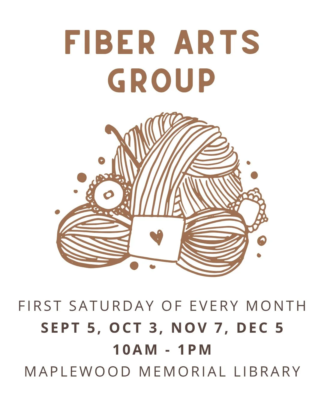 Fiber Arts Group⁠
📅 First Saturday of every month: September 5, October 3, November 7, December 5⁠
🕙️ 10AM - 1PM (Drop in between these hours!)⁠
📍 Maplewood Memorial Library⁠
⁠
Do you enjoy creating with fabric, yarn or other fibers? Unwind, conne