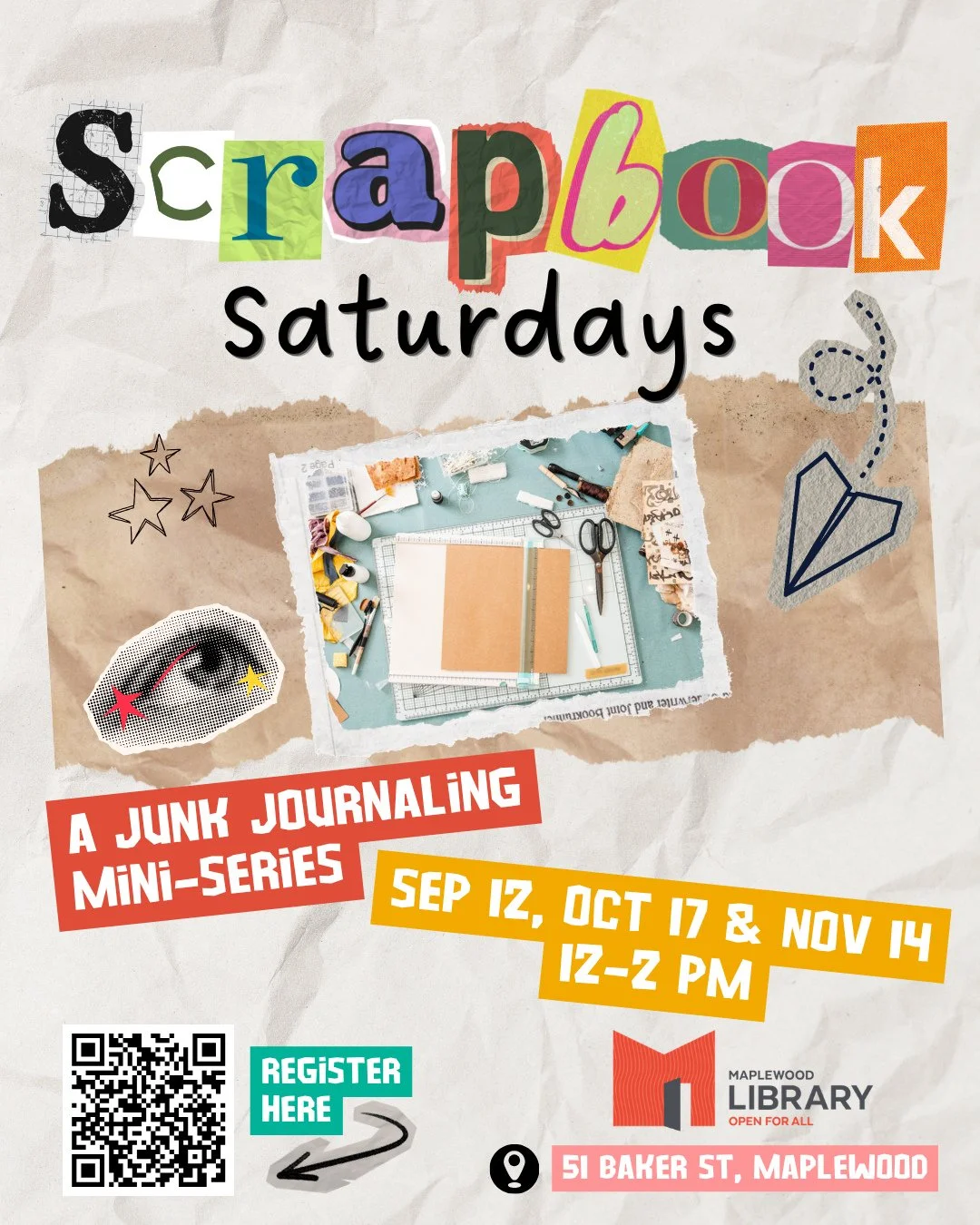 Scrapbook Saturdays: a Junk Journaling Mini-Series⁠
📅 Saturday September 12, October 17 &amp; November 14⁠
🕛️ 12:00PM - 2:00PM⁠
📍 Maplewood Memorial Library Create Space⁠
⁠
Bind your own junk journal in the first workshop in our three-part miniser