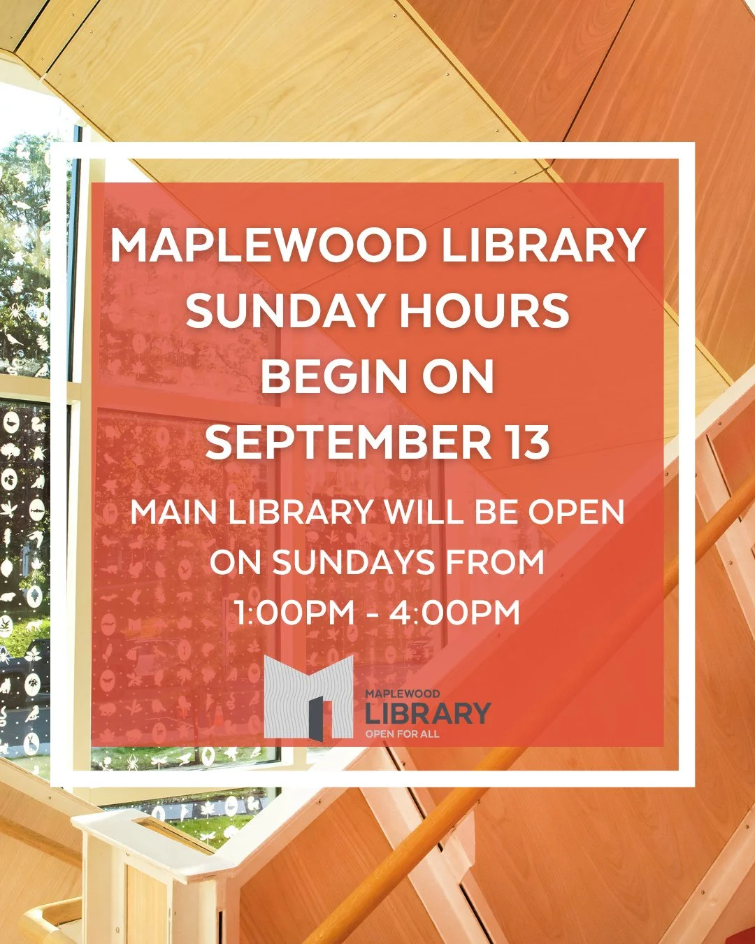 SUNDAY HOURS @ Main Library! 📣 Starting September 13, Main Library at 51 Baker St will be open from 1:00PM-4:00PM on Sundays 📣 Spread the word!