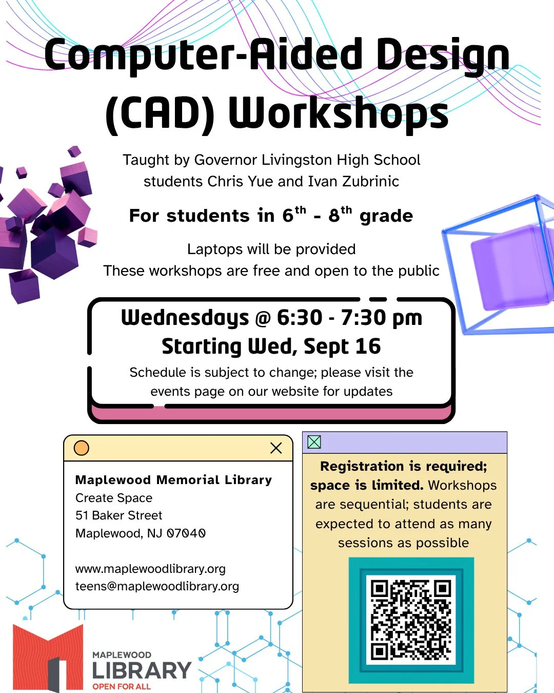 ⁠
CAD Workshops for Middle School Students⁠
📅 Wednesday, September 16⁠
🕕️ 6:30PM - 7:30PM⁠
📍Maplewood Memorial Library Create Space⁠
⁠
In this series of workshops middle school-aged participants will complete beginner-friendly lessons and projects