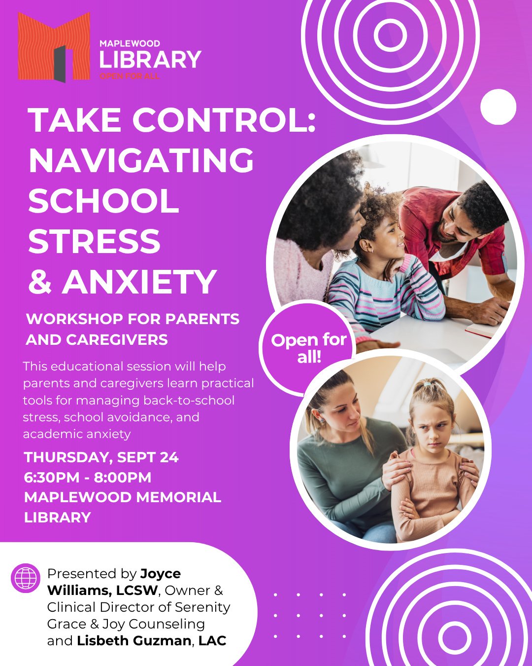 Take Control: Navigating School Stress &amp; Anxiety⁠
Workshop for parents and caregivers⁠
📅 Thursday, September 24⁠
🕡️ 6:30PM - 8:00PM⁠
📍Maplewood Memorial Library Community Room⁠
⁠
If the school year approaching makes you, as a parent or caregiv