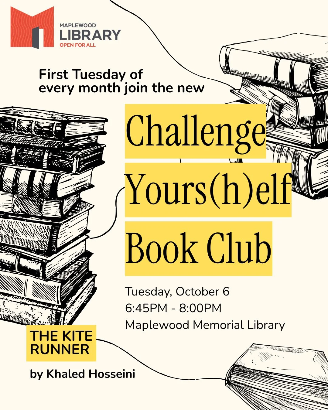 ⁠
📢 NEW BOOK CLUB @ Maplewood Library! Introducing a new monthly book club focusing on banned and challenged books, meeting on the first Tuesday evening of each month 📚️⁠
⁠
Challenge Yours(h)elf Book Club: Khaled Hosseini&rsquo;s The Kite Runner⁠
?
