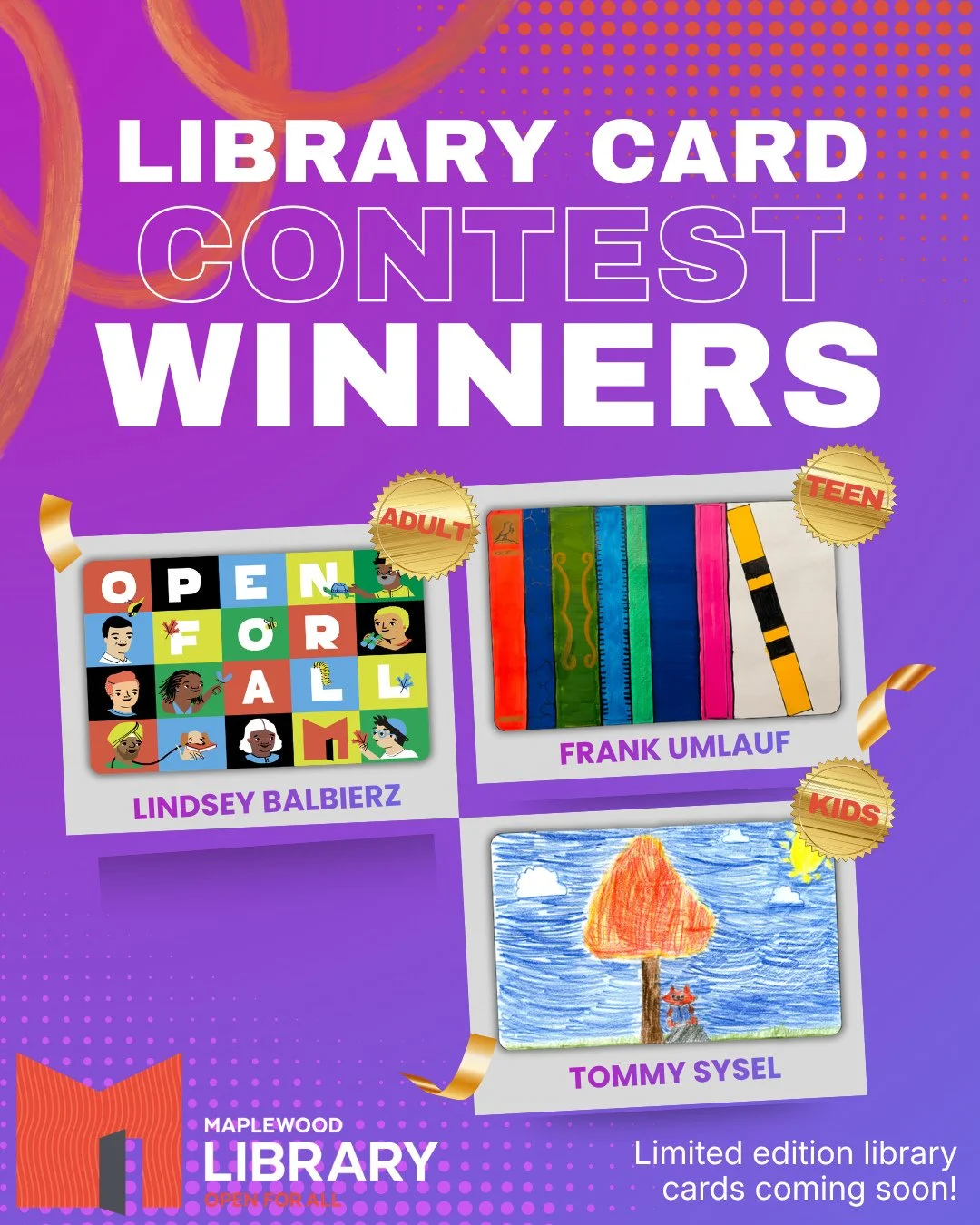 We are so thrilled to announce the winners of Maplewood Library's Library Card Design Contest! 🎉🎉🎉⁠
⁠
Adult winner: Lindsey Balbierz, &ldquo;Open to All. Big and small.&rdquo;⁠ @lindseybalbierz⁠
⁠
Teen winner: Frank Umlauf, &ldquo;The Bookcase&rdq