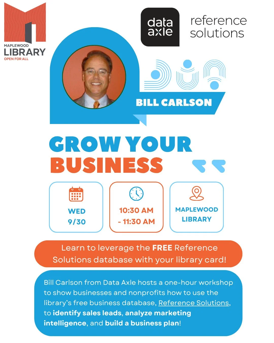 Grow Your Business: a Reference Solutions workshop⁠
📅 Wednesday, September 30⁠
🕥️ 10:30AM - 11:30AM⁠
📍 Maplewood Memorial Library Community Room⁠
⁠
Join us for an educational workshop on harnessing the free Reference Solutions database to grow you