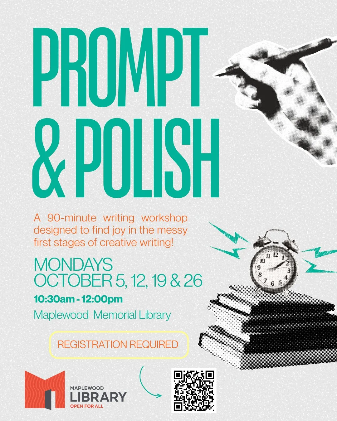 Prompt &amp; Polish: a Guided Creative Writing Workshop⁠
🗓️ Monday, October 5, 12, 19, 26⁠
🕥️ 10:30AM- 12:00PM⁠
📍 Maplewood Memorial Library Study Room 4⁠
⁠
A 90-minute writing workshop for adults designed to find joy in the messy first stages of 