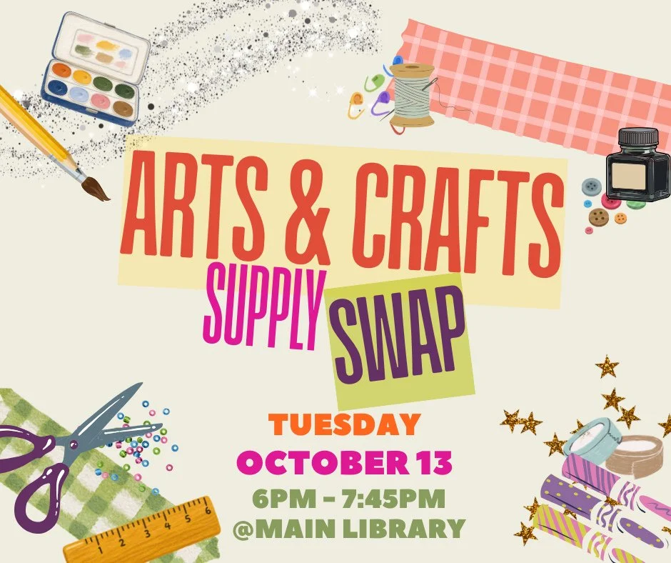 ⁠
Arts &amp; Craft Supply Swap!⁠
📅 Tuesday, October 13⁠
🕕️ 6:00PM - 7:45PM⁠
📍 Maplewood Memorial Library Create Space⁠
⁠
Maplewood Library's first ever Arts &amp; Crafts Supply Swap!⁠
⁠
Do you have too many arts and crafts supplies? Are you lookin