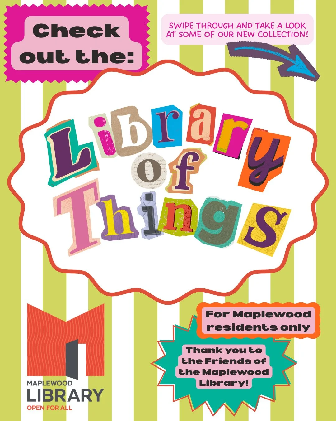 🗣️ Announcing our new Library of Things (LOT) collection! 🗣️⁠
Maplewood Library is increasing our sustainability practices by adding non-traditional library items to our collection. Patrons can borrow items they may only need once, want to try befo