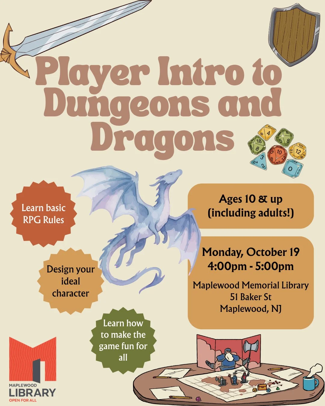 Player Intro to Dungeons and Dragons - ages 10 &amp; up⁠
Monday, October 19⁠
🕓️ 4:00PM - 5:00PM⁠
📍Maplewood Memorial Library⁠
⁠
Join Jon Campbell, high school teacher and roleplaying game player/storyteller of over 20 years, as he helps you underst