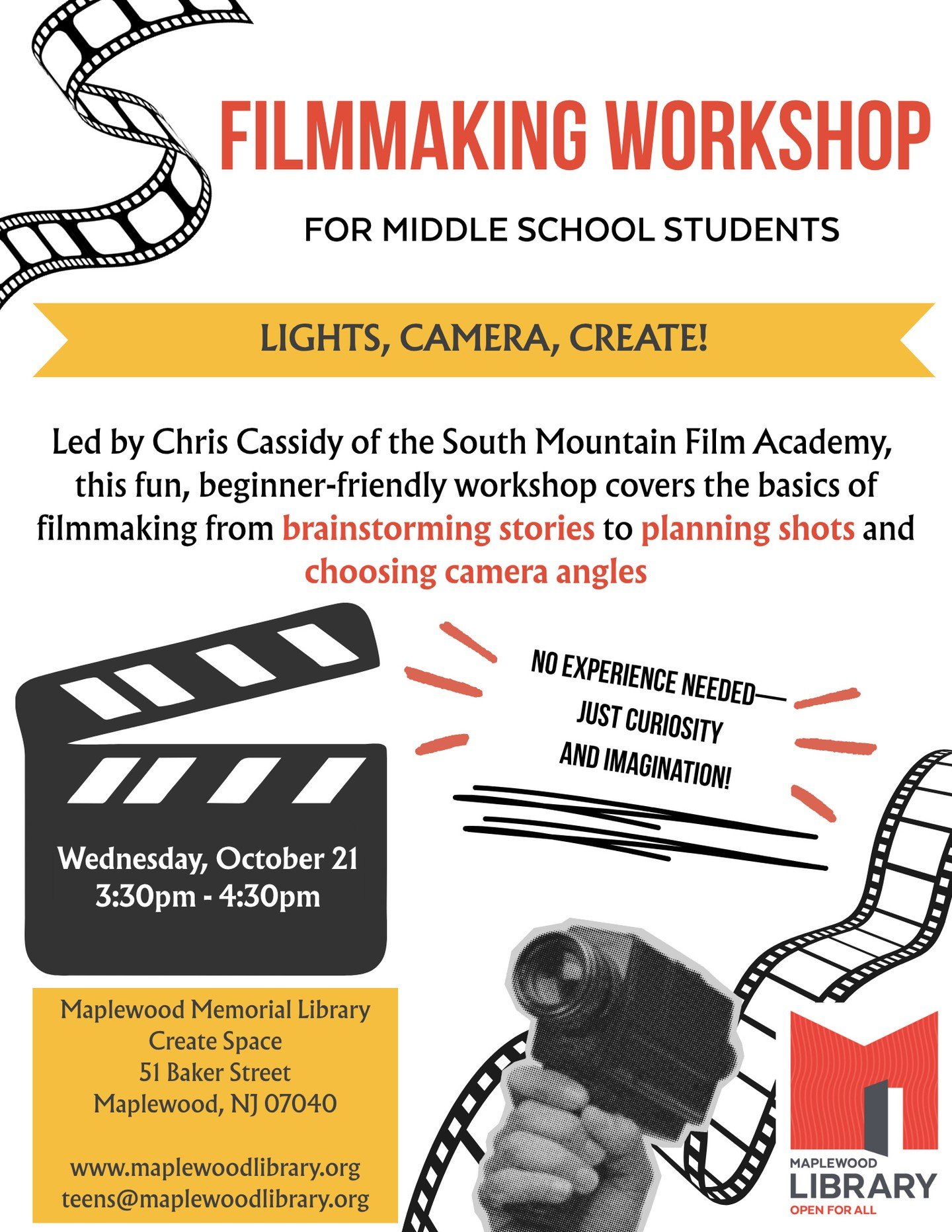 Filmmaker Workshop For middle school students 🎥⁠
📅 Wednesday, October 21⁠
🕞️ 3:30PM - 4:30PM⁠
📍 Maplewood Memorial Library Create Space⁠
⁠
Lights, camera, create! Explore the basics of filmmaking in this fun, beginner-friendly workshop, from brai