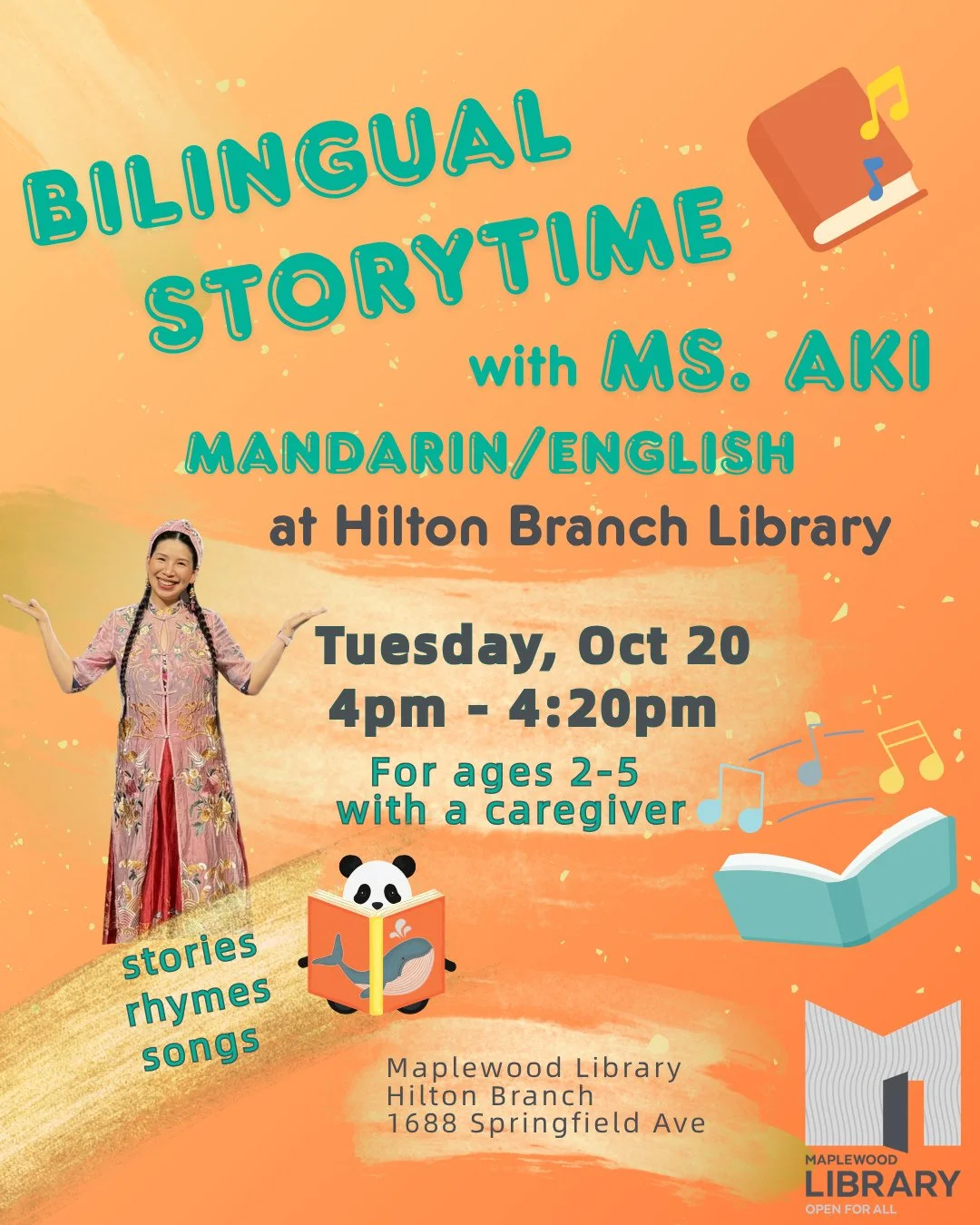 ⁠
Bilingual Storytime in Mandarin/English @ Hilton Branch⁠
📅 Tuesday, October 20⁠
🕓️ 4:00pm - 4:20pm⁠
📍 Hilton Branch Library⁠
⁠
Language-learning fun with familiar rhymes and songs for preschoolers! Join us at Hilton Branch for a bilingual storyt
