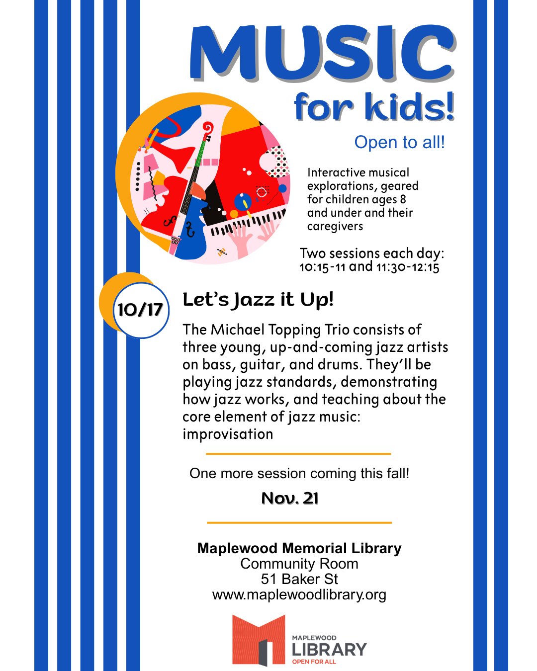Music for Kids: Let&rsquo;s Jazz it Up!⁠
Interactive musical explorations for kids &amp; families⁠
📅 Saturday, October 17⁠
🕙️ 10:15am AND 11:30am (two identical repeating sessions)⁠
📍 Maplewood Memorial Library Community Room⁠
⁠
Let&rsquo;s Jazz i