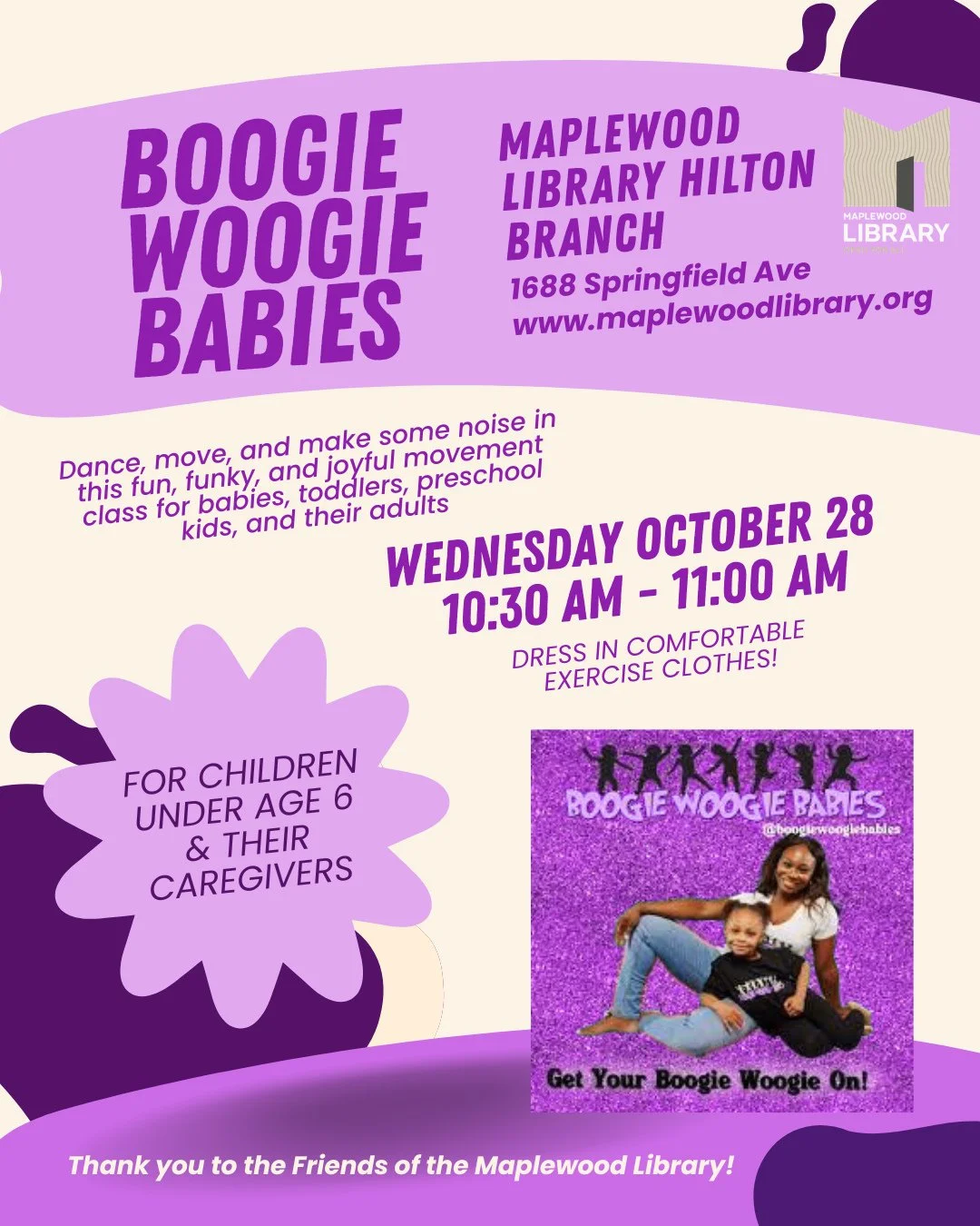 BOOGIE WOOGIE BABIES with Ms. Tiffany @ Hilton Branch 💃🏽⁠
📅 Wednesday, October 28⁠
🕥️ 10:30AM-11:00AM⁠
📍 Hilton Branch Library⁠
⁠
A fun, funky, and joyful music &amp; movement class for babies, toddlers, preschool kids and their adults, led by M