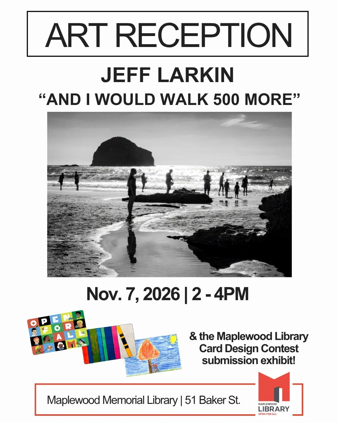 Art Reception featuring Jeff Larkin &amp; Library Card Design Exhibit⁠
📅 Saturday, November 07⁠
🕑 2:00PM - 4:00PM⁠
📍 Maplewood Memorial Library Community Room⁠
⁠
Celebrate the opening of our fall/winter exhibits!⁠
⁠
Join us at a reception to celeb