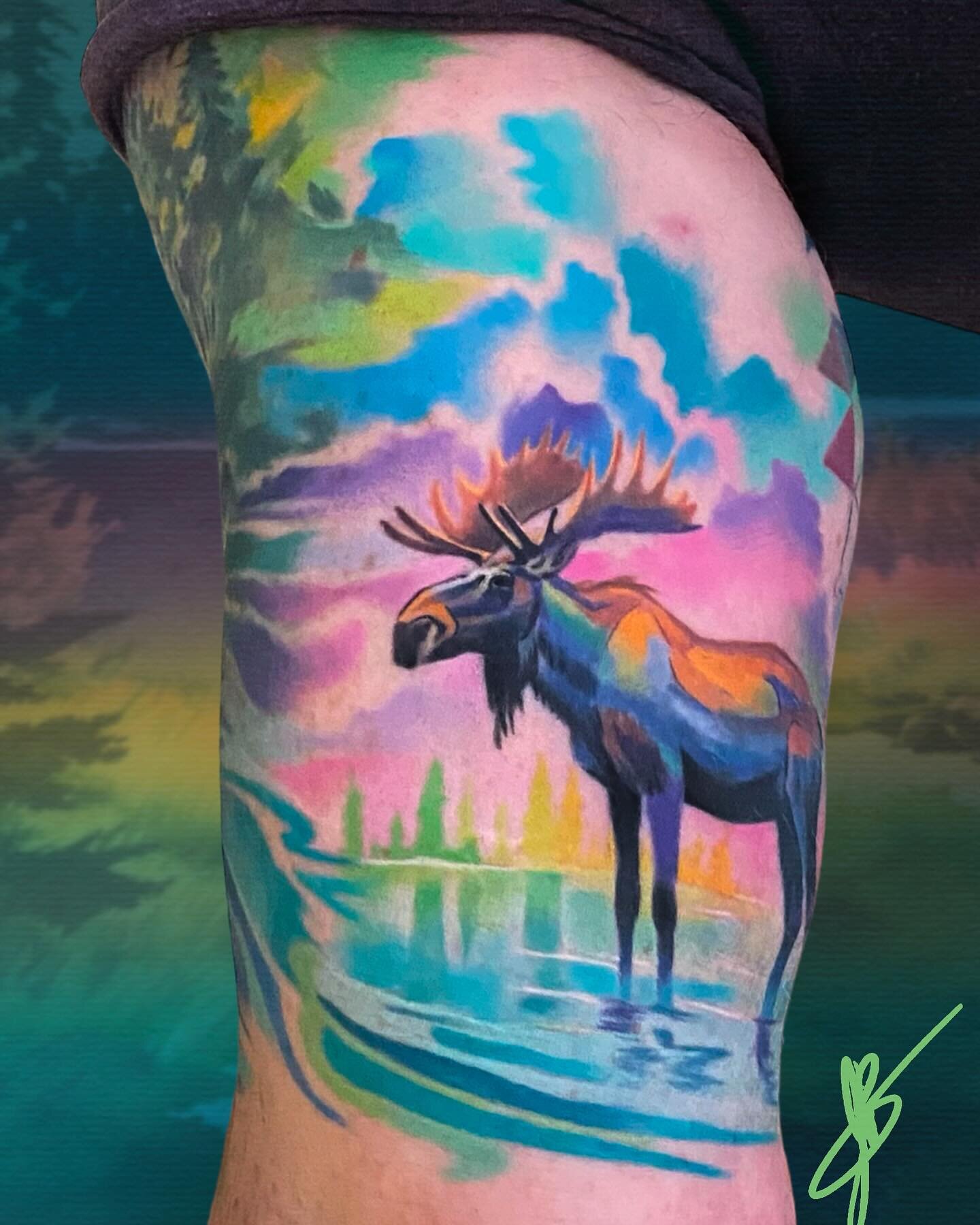 Moose tattoo with a painterly fantasy background. This color palette gives me happy tranquil vibes. #moose #nature #naturetattoo #animaltattoo #tattoo #ink #inked #art #artist