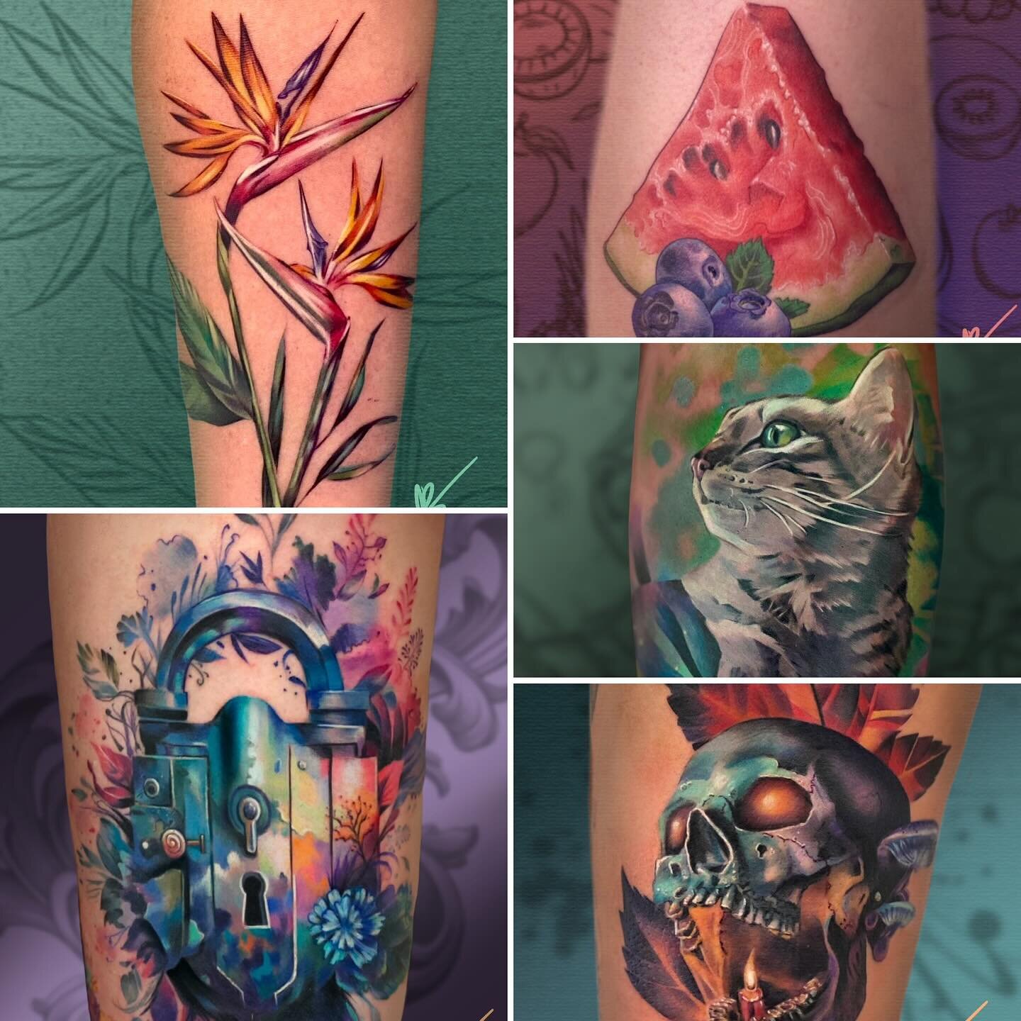Take 2: Painterly, Watercolor, Nature-Themed tattoos . Fantasy, Sci-fi, videogame, anime, literary and surreal themes are always welcome. I have some dates available in February and March, so feel free to contact me through my website to book a consu